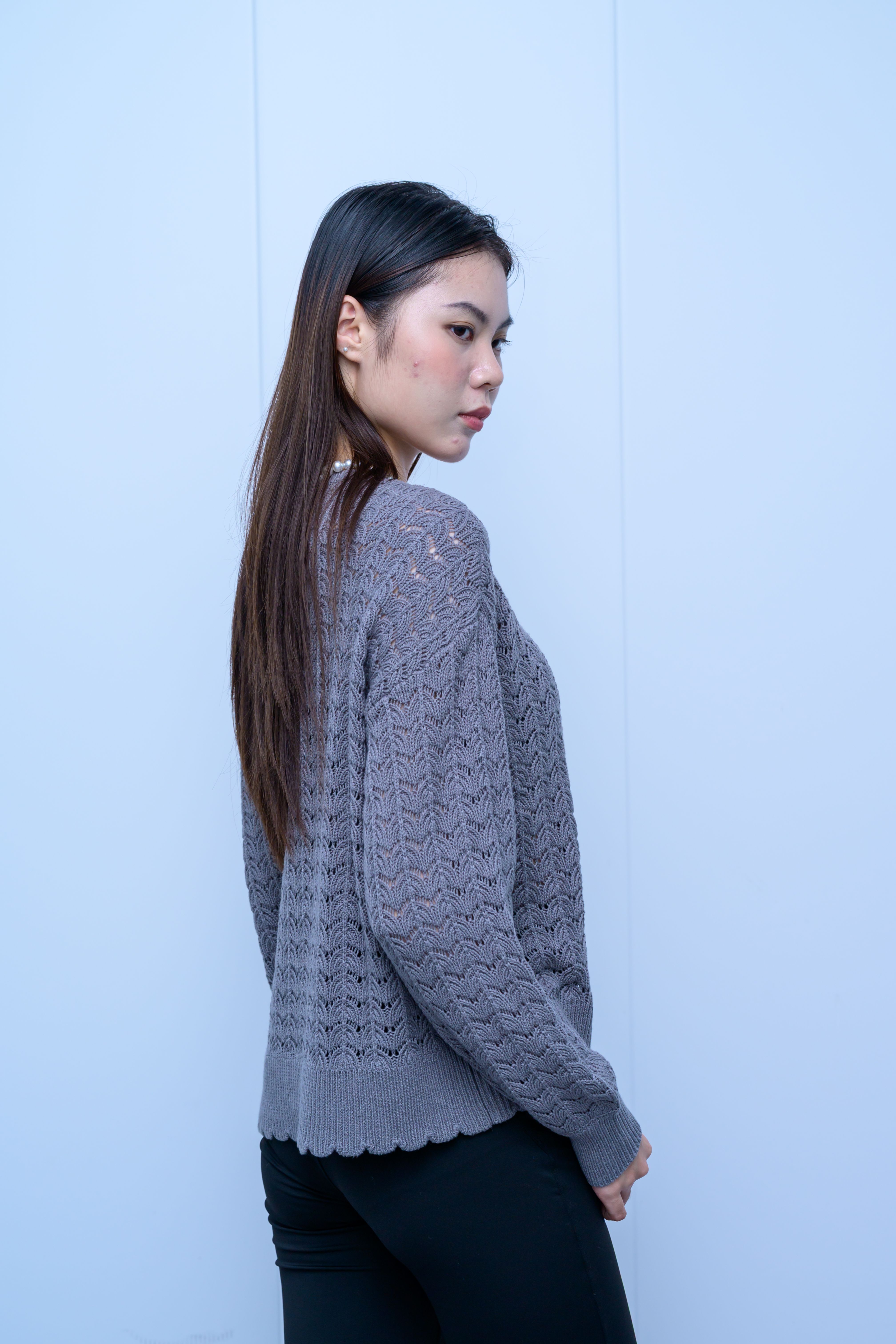 s048Misty Gray Wheat Ear Lace Crew Neck Knit Sweater