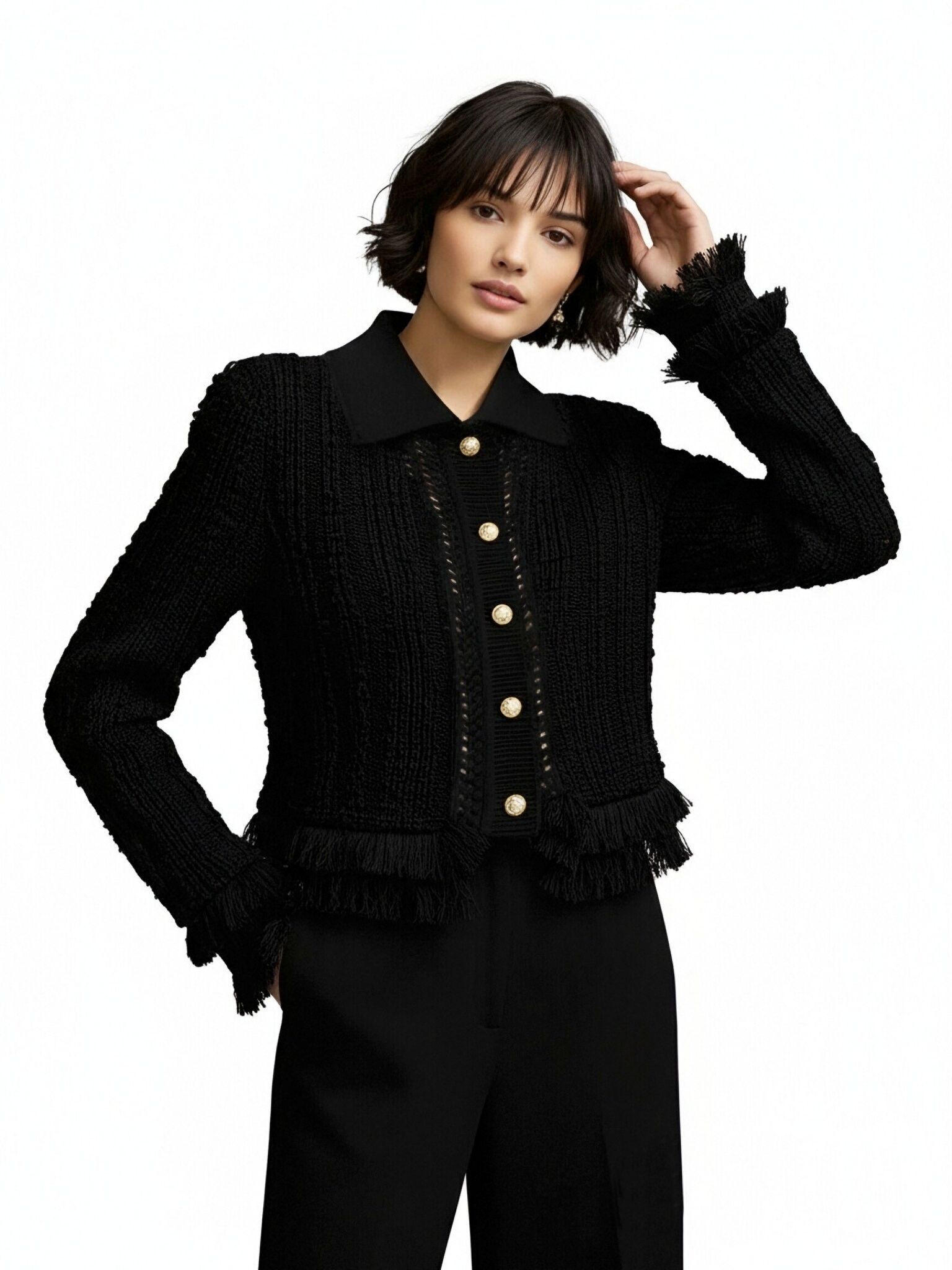 s084Black Textured Fringe Cropped Tweed Jacket