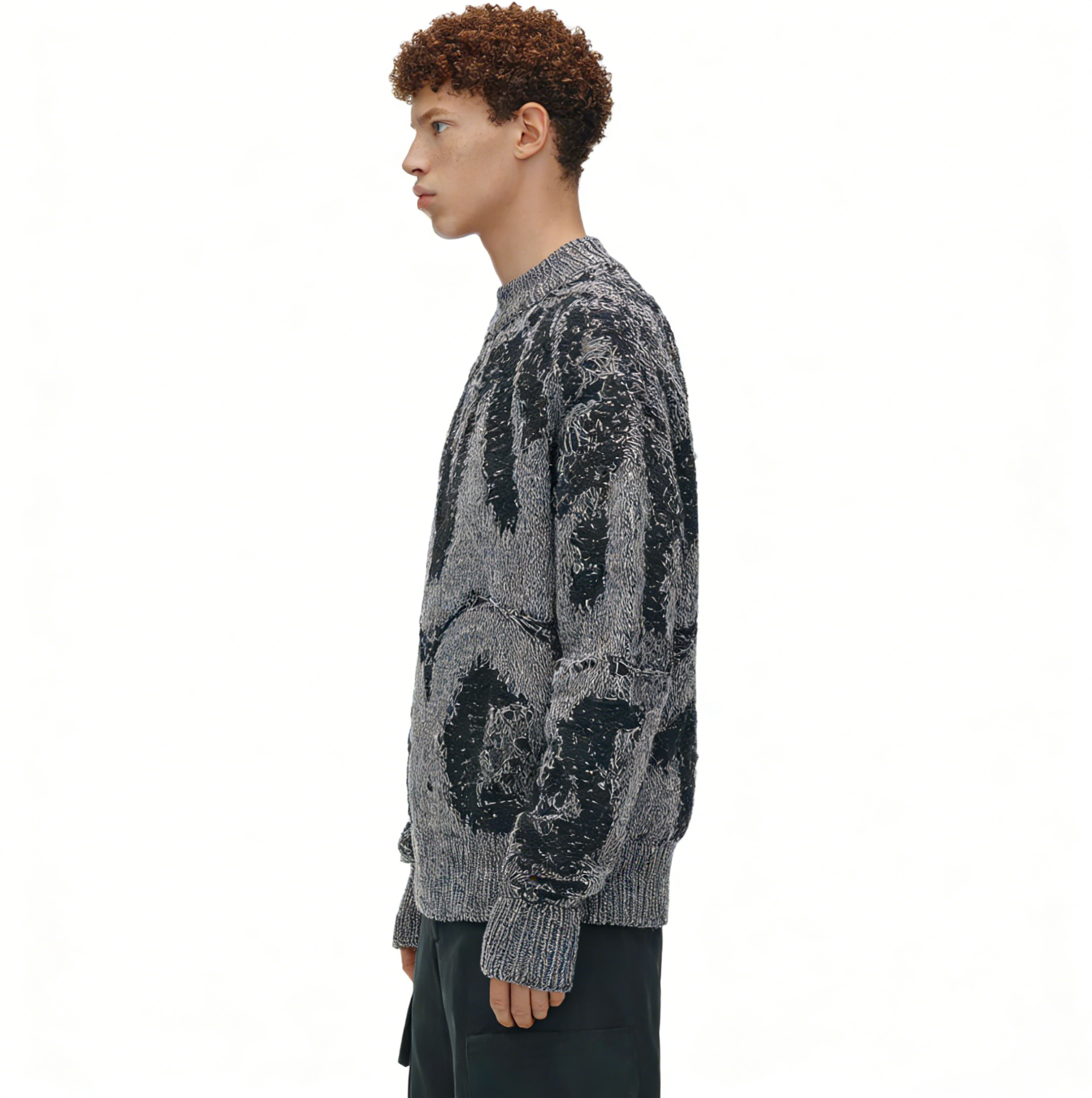 m016Eroded Texture Distressed Jacquard Mock Neck Sweater