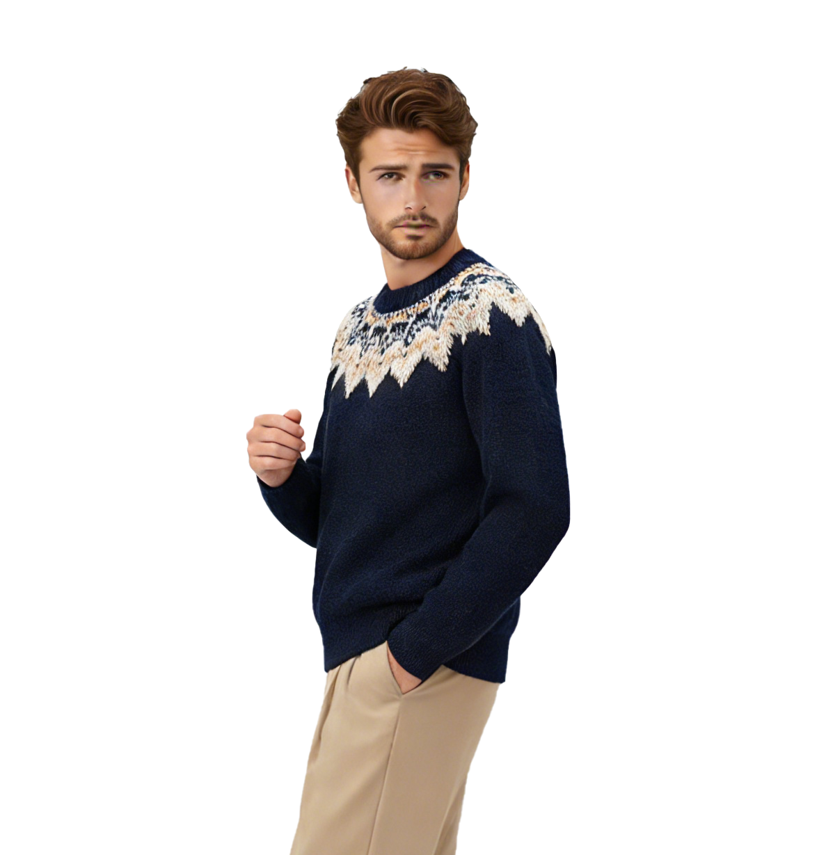m017Navy Winter Fair Isle Jacquard Crewneck Sweater