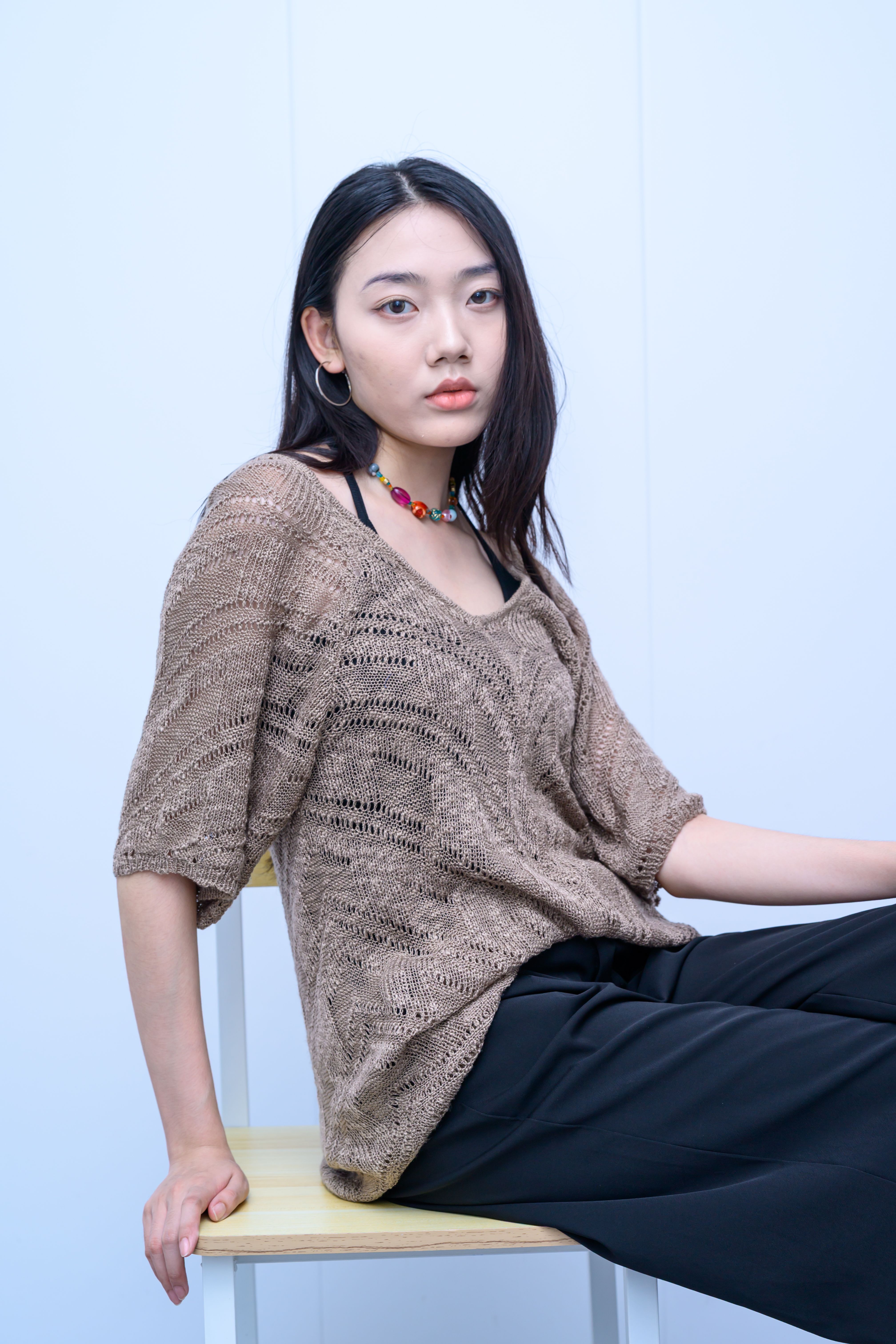 s027Coffee Brown Diagonal Hollow-Out Off-Shoulder Knit Top