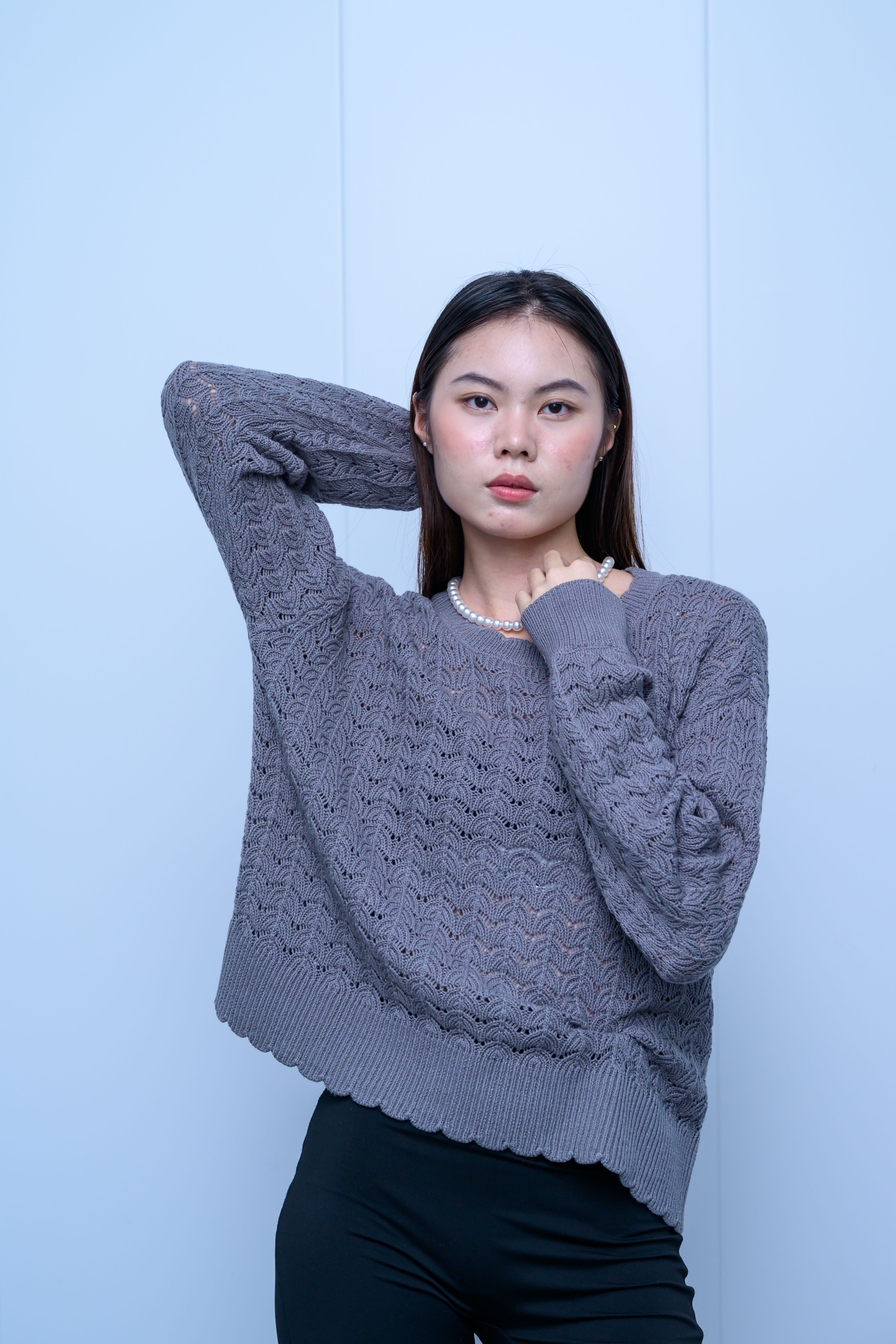 s048Misty Gray Wheat Ear Lace Crew Neck Knit Sweater