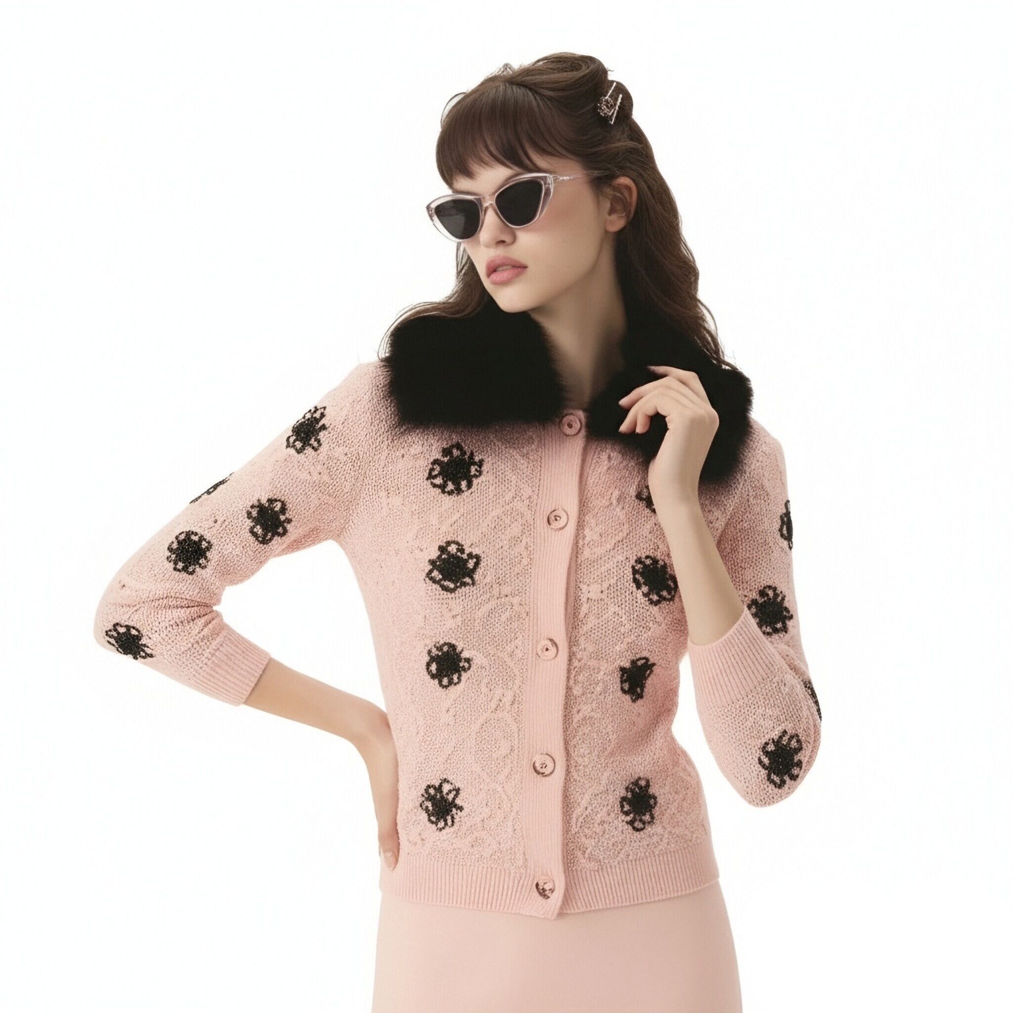 s099Sakura Pink 3D Floral Jacquard Furry Collar Knit Cardigan