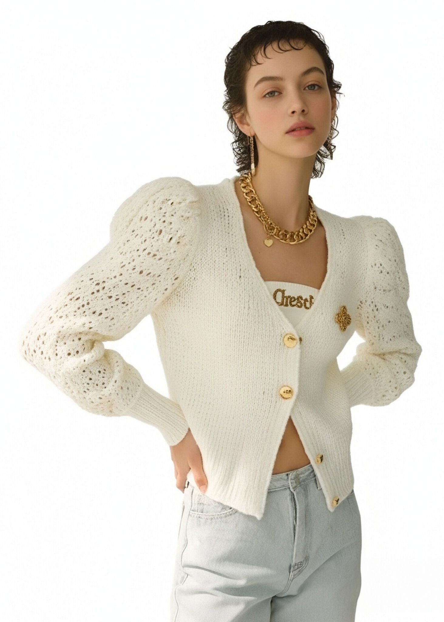 s100Off-White Crochet Puff Sleeve Knit Cardigan