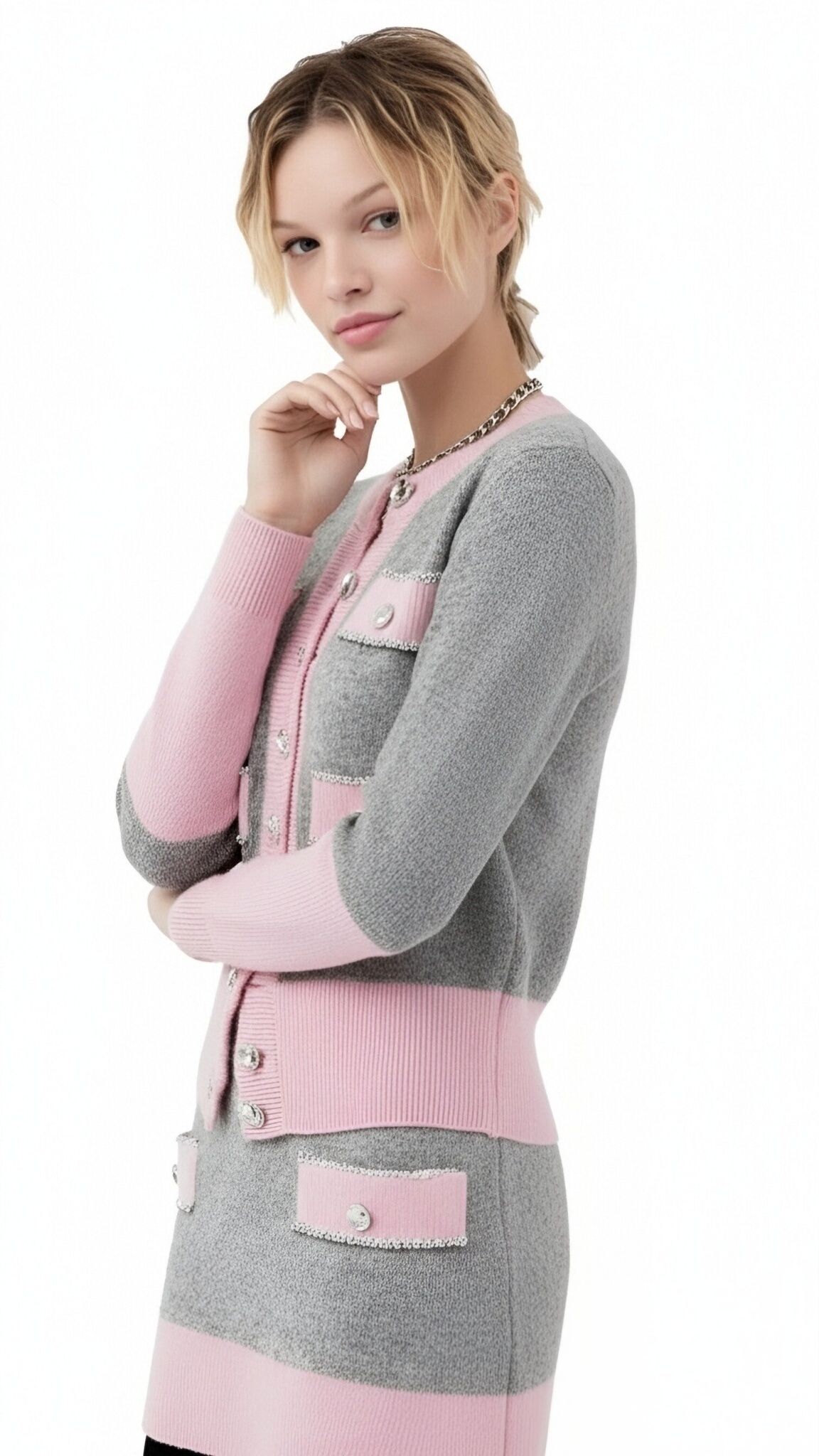  s075Pink & Grey Tweed-Style Knit Set