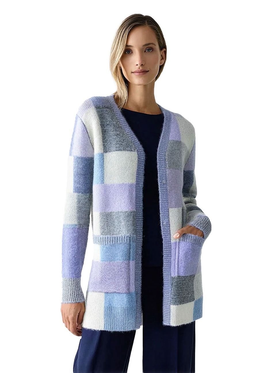 s109Misty Blue Check V-Neck Cardigan