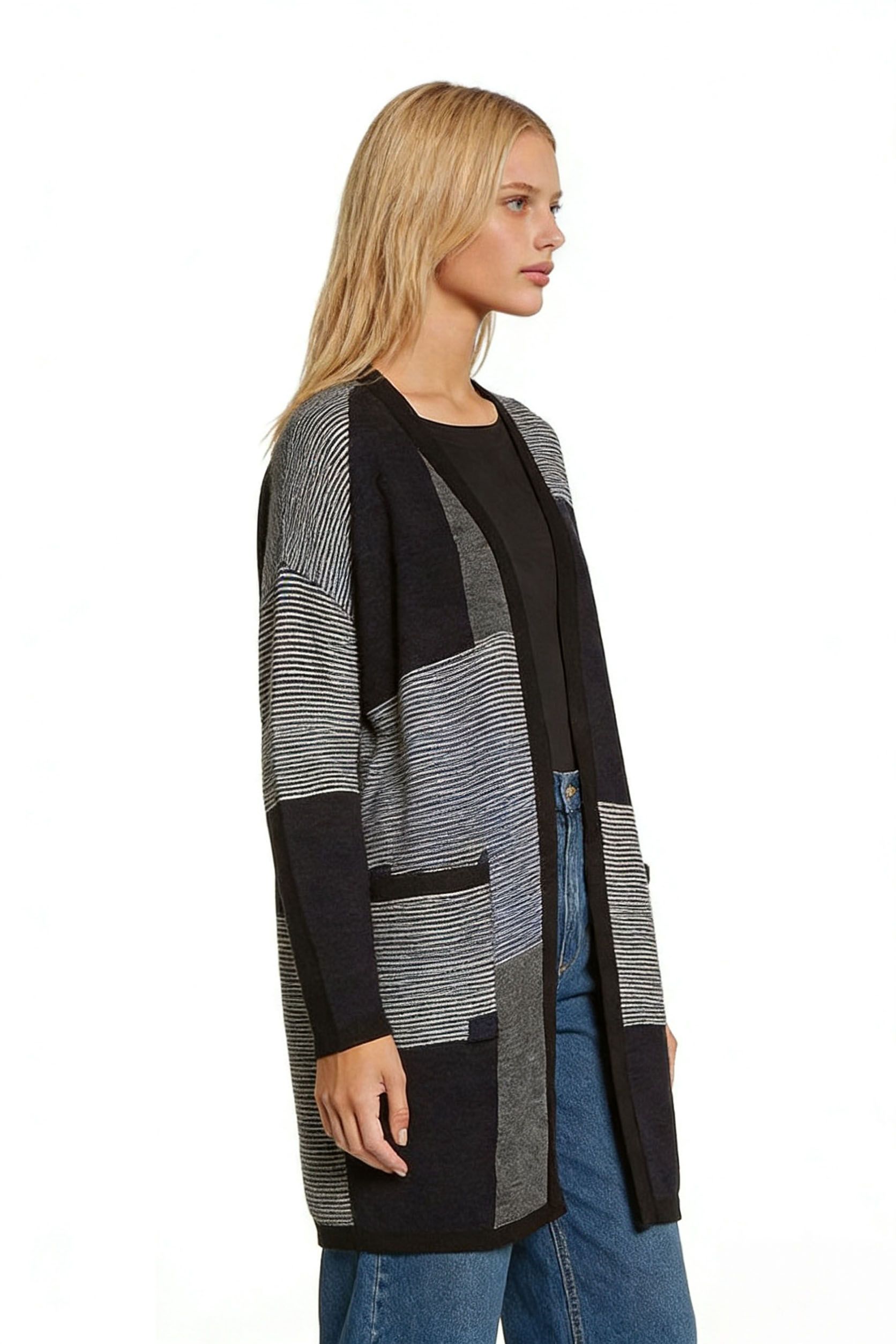 s115Black & Grey Stripe Patchwork Cardigan