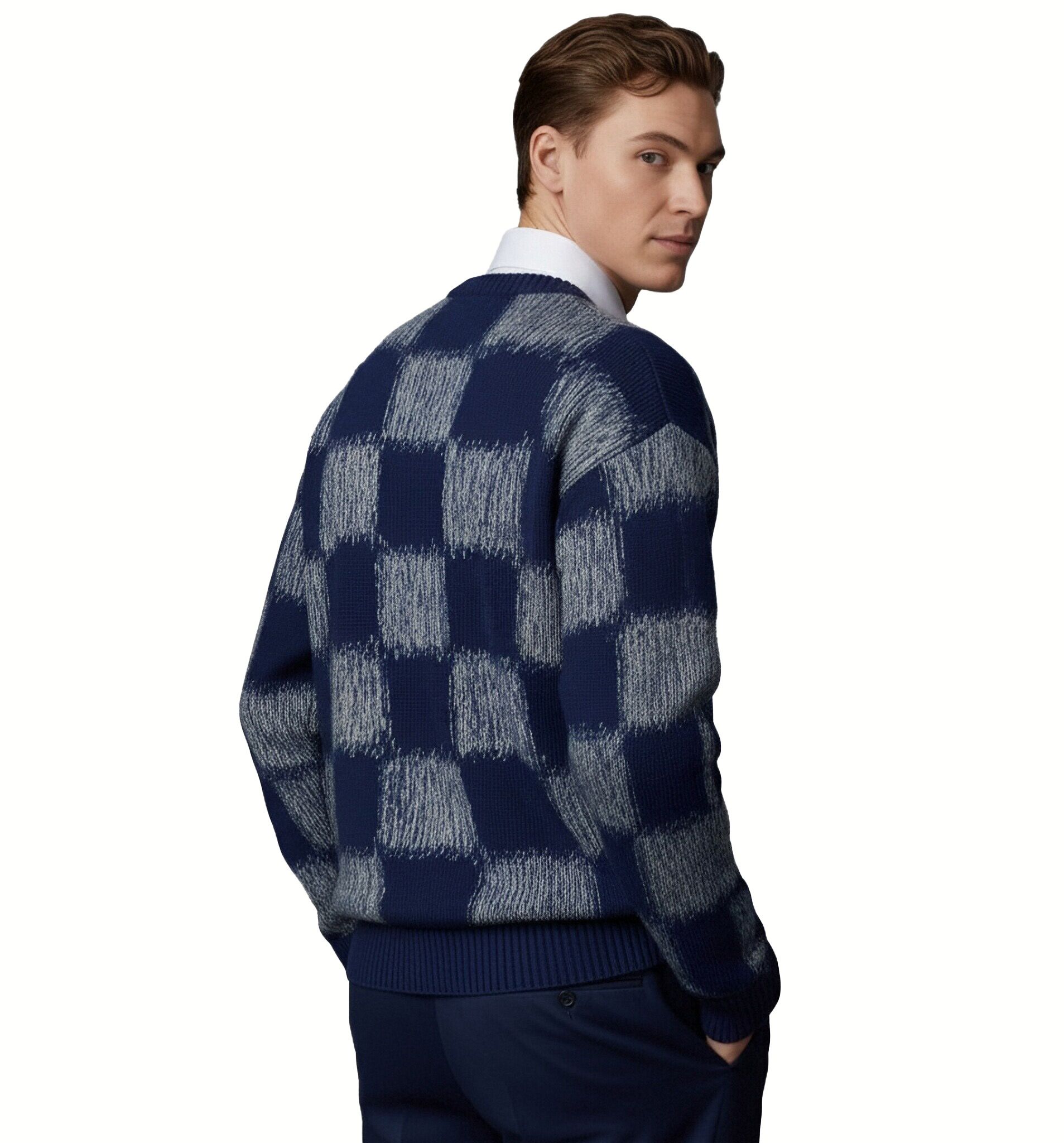 m001Sea Mist Checkerboard Knit Sweater