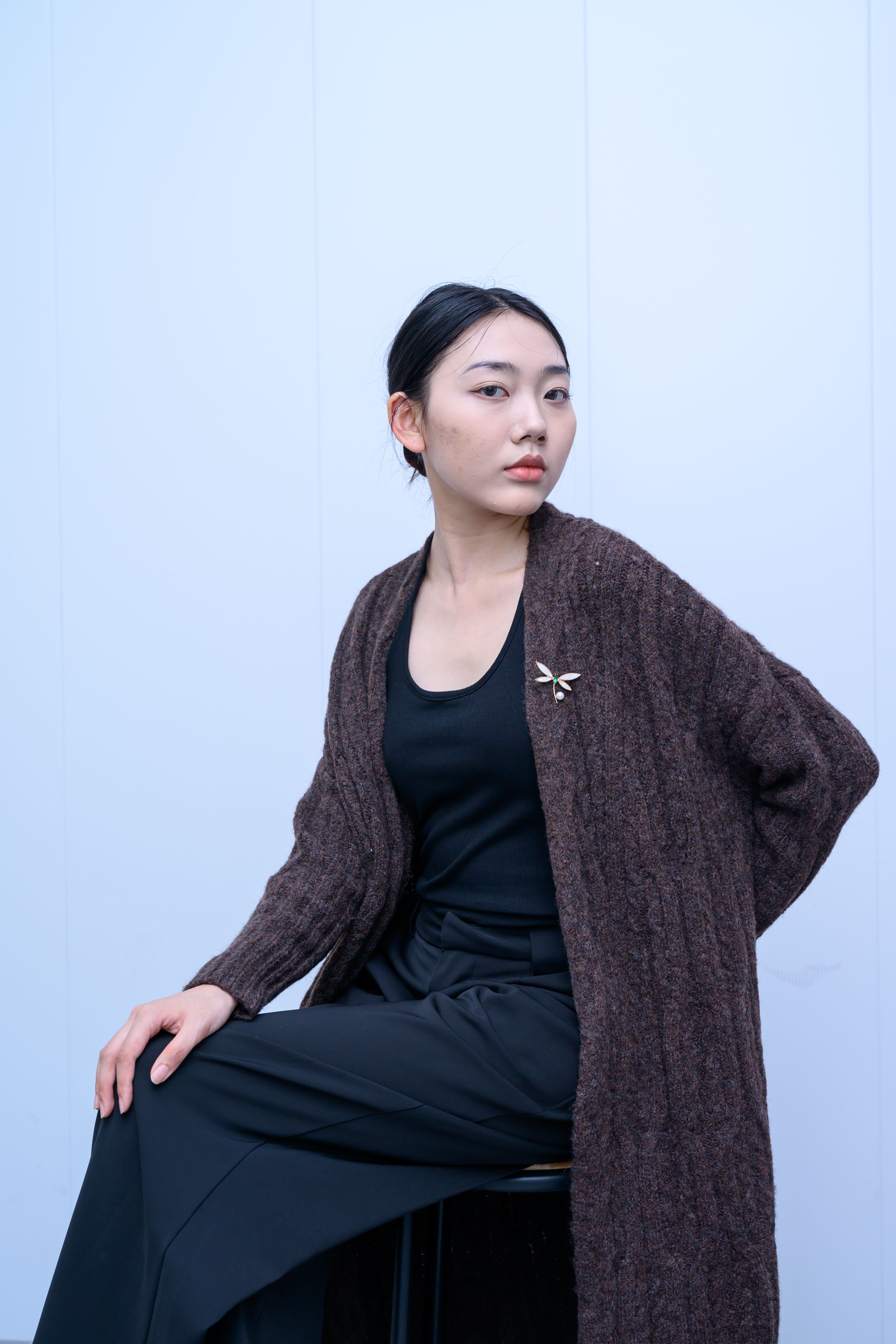 s034Dark Coffee Textured Longline Knit Cardigan