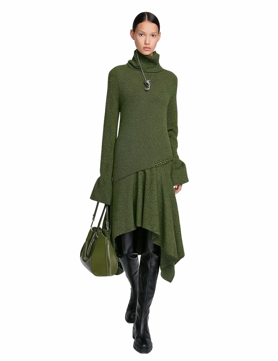 s070Military Green Textured Turtleneck Asymmetric Hem Knit Dress