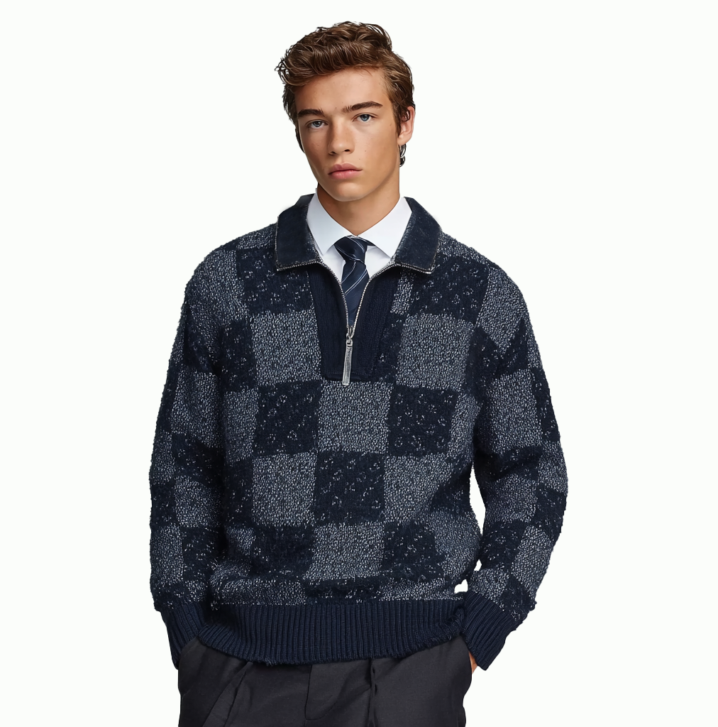 m023Navy Checkerboard Half-Zip Funnel Neck Knit Sweater