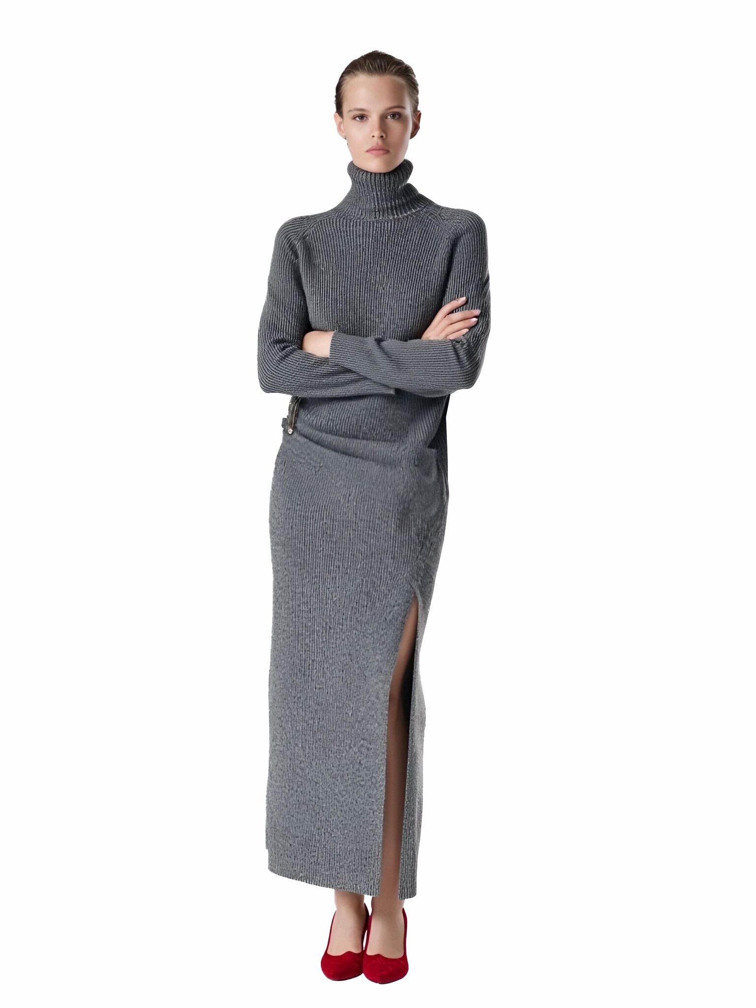 s071Charcoal Gray Vertical Ribbed Turtleneck Knit Co-ord Set