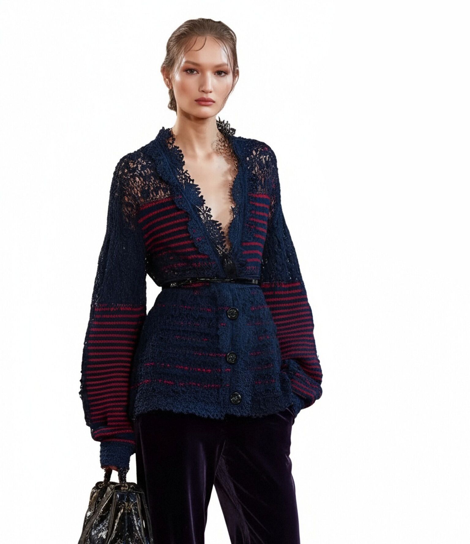s058Navy Blue & Red Stripe Textured Lace V-Neck Knit Cardigan