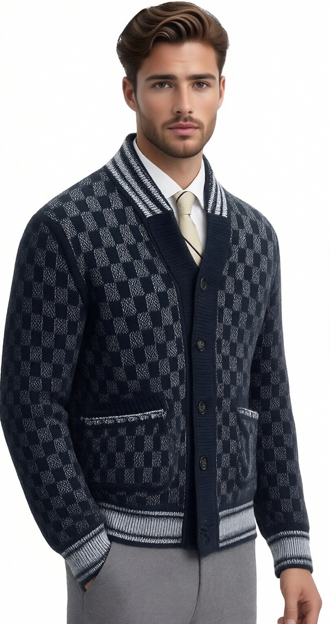 m014Navy Checkerboard Shawl Collar Knit Cardigan