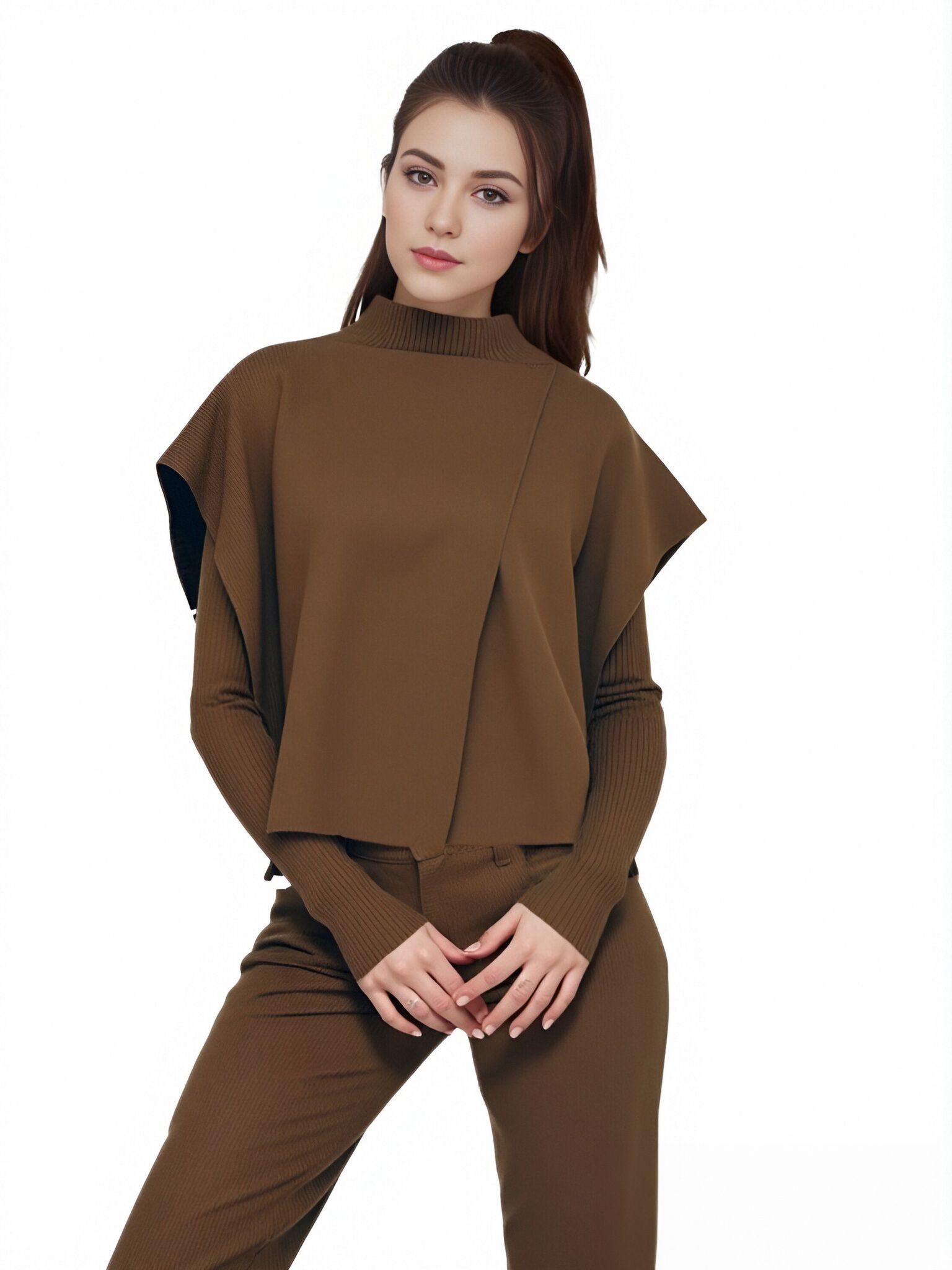 s104Coffee Brown Layered Mock Neck Knit Set