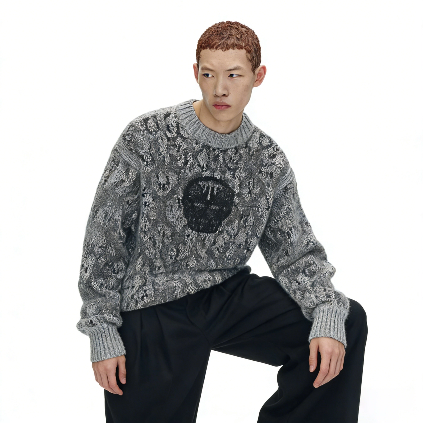m013Python Pattern Dark Mask Jacquard Crewneck Sweater