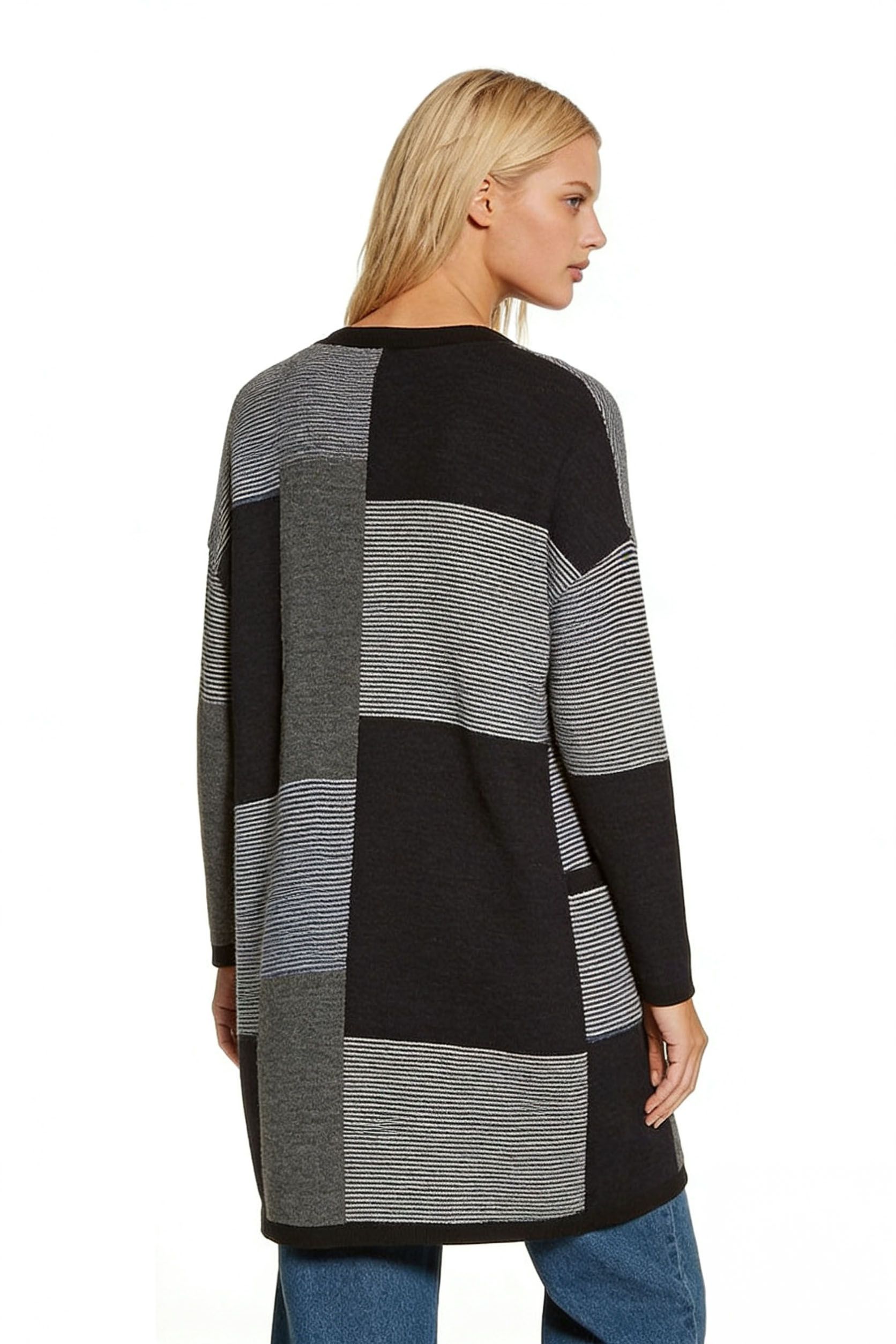 s115Black & Grey Stripe Patchwork Cardigan