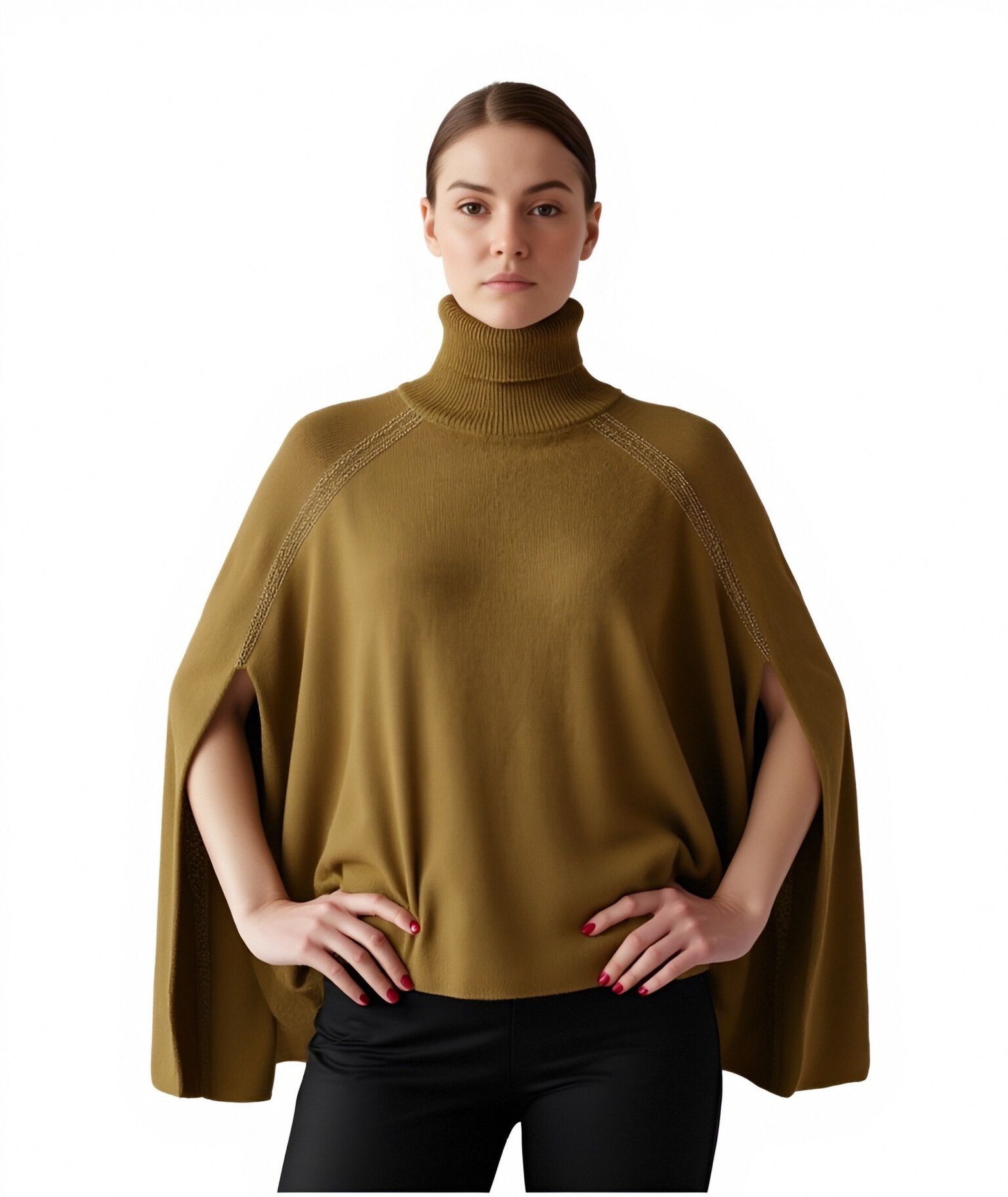 s102Mustard Green Turtleneck Cape Knit Top
