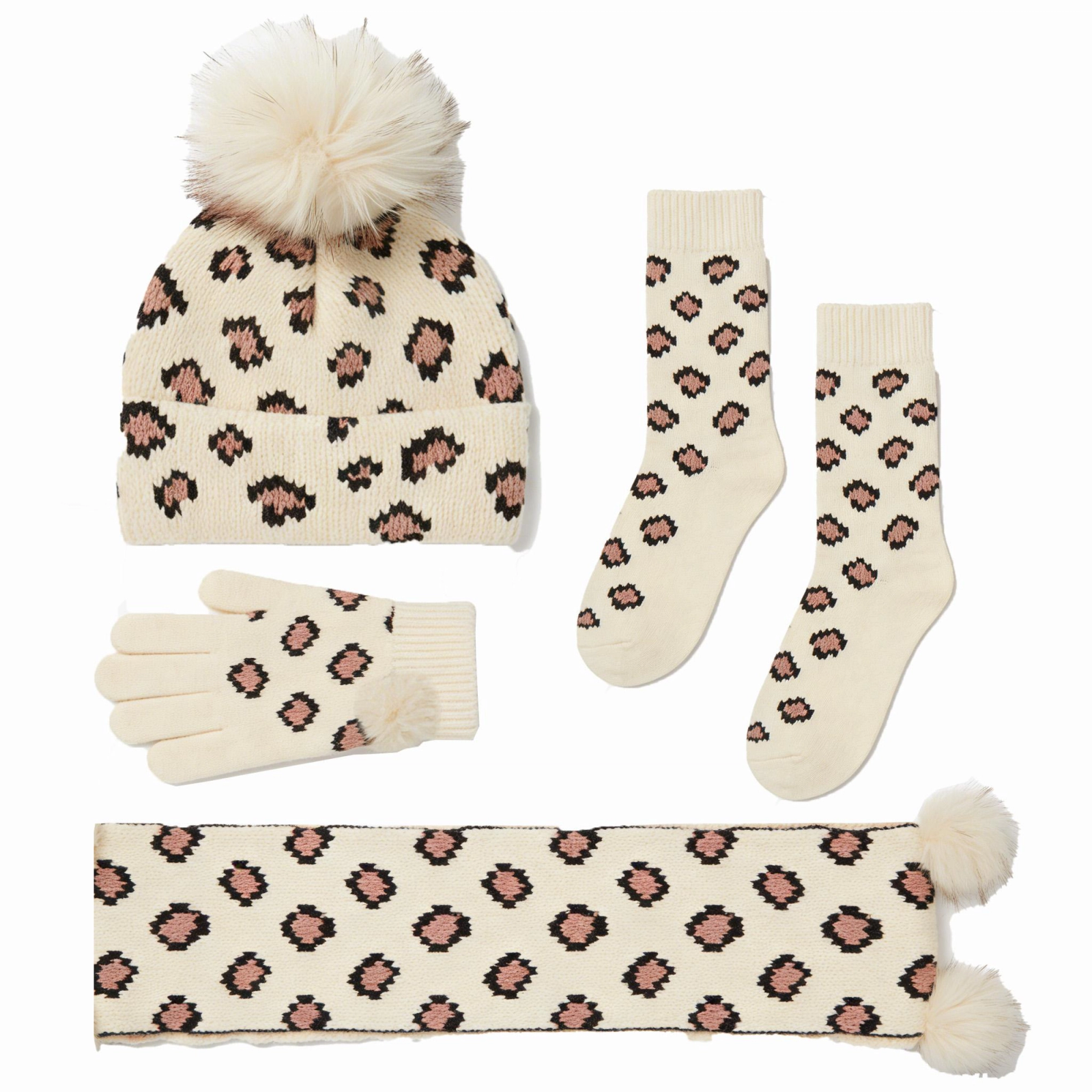 Leopard Print Pom Pom 4-Piece Winter Set