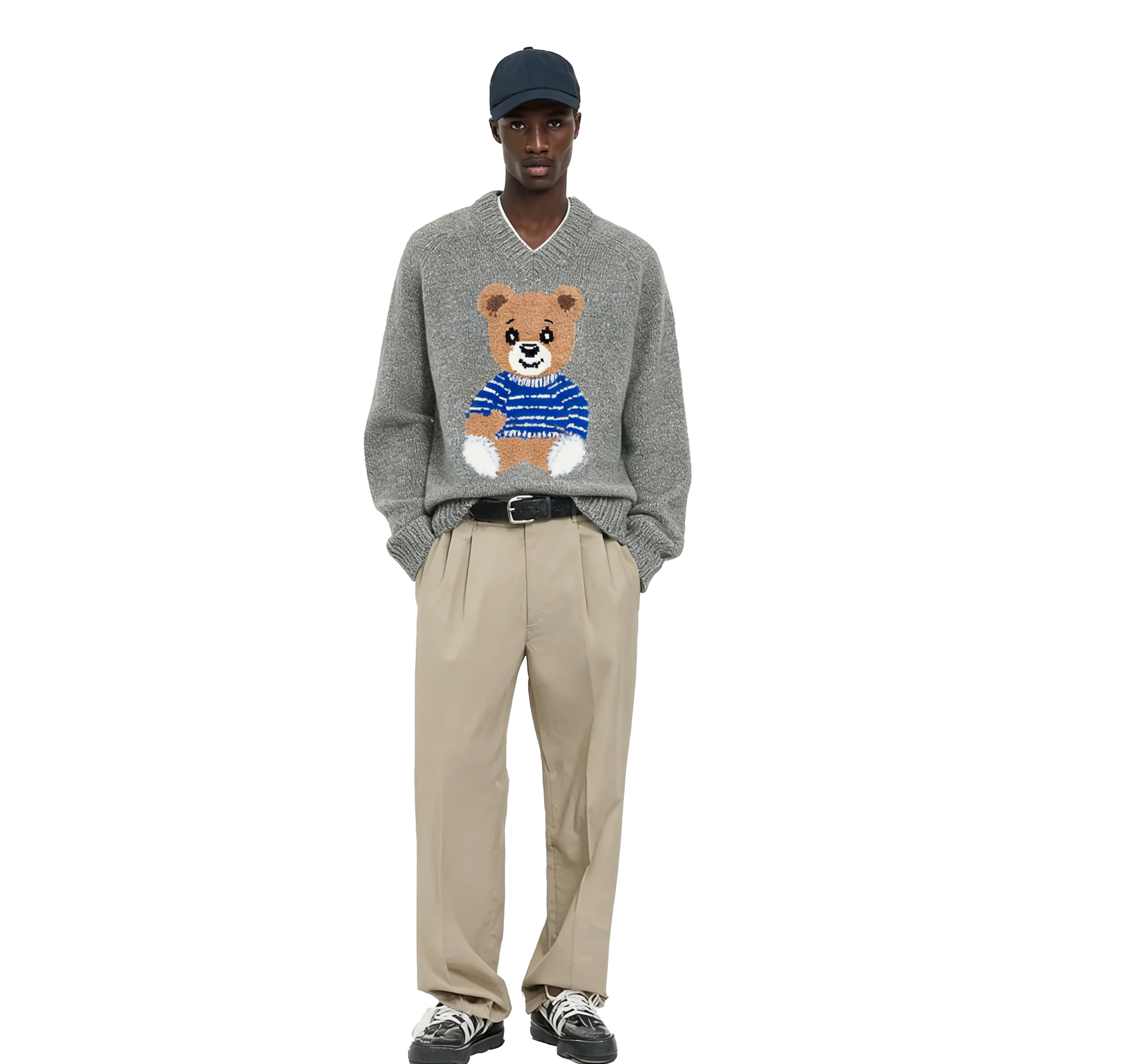 m026Striped Teddy Bear Applique V-Neck Knit Sweater