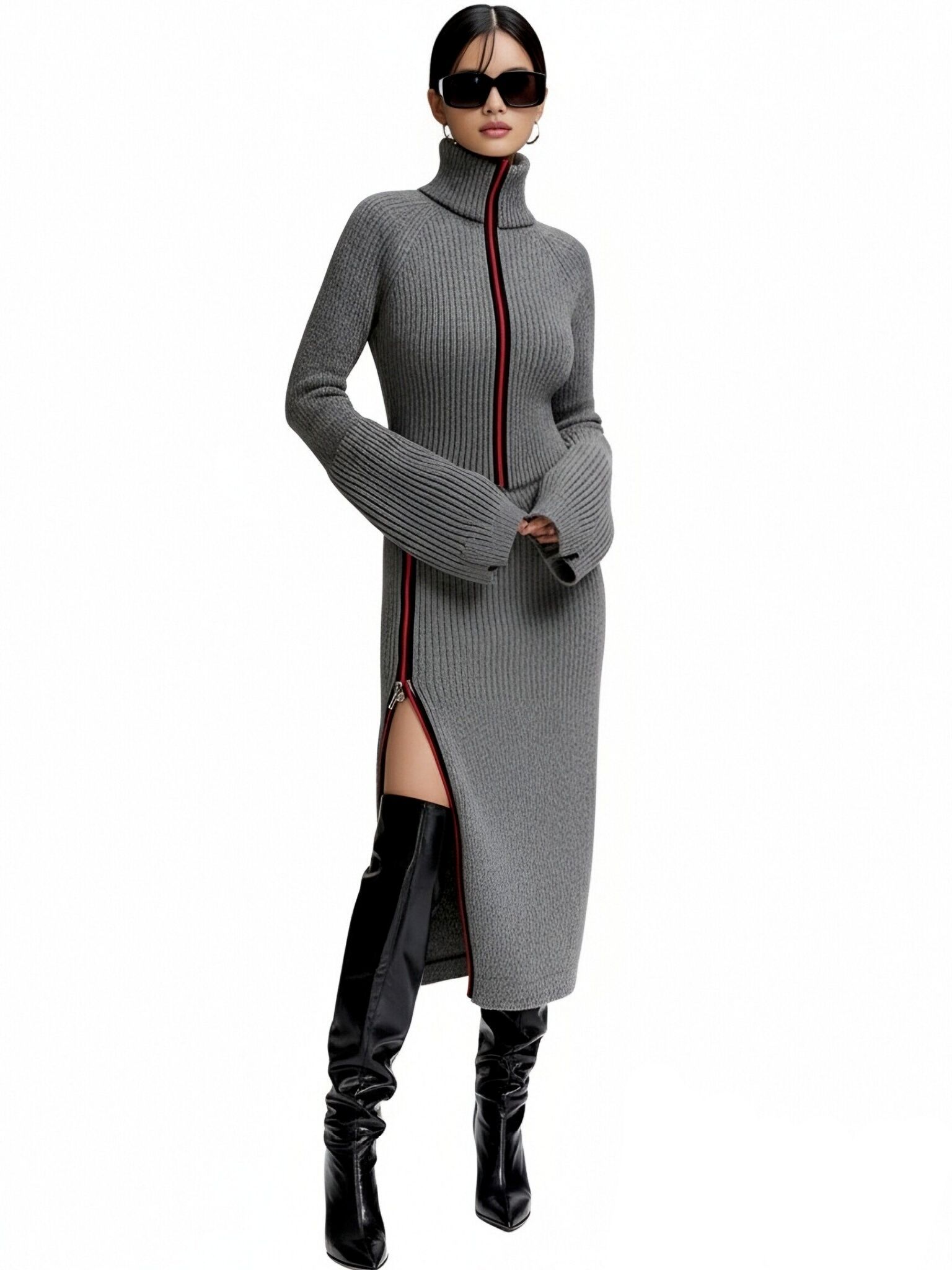 s079Grey Contrast Zip-Up Turtleneck Knit Set