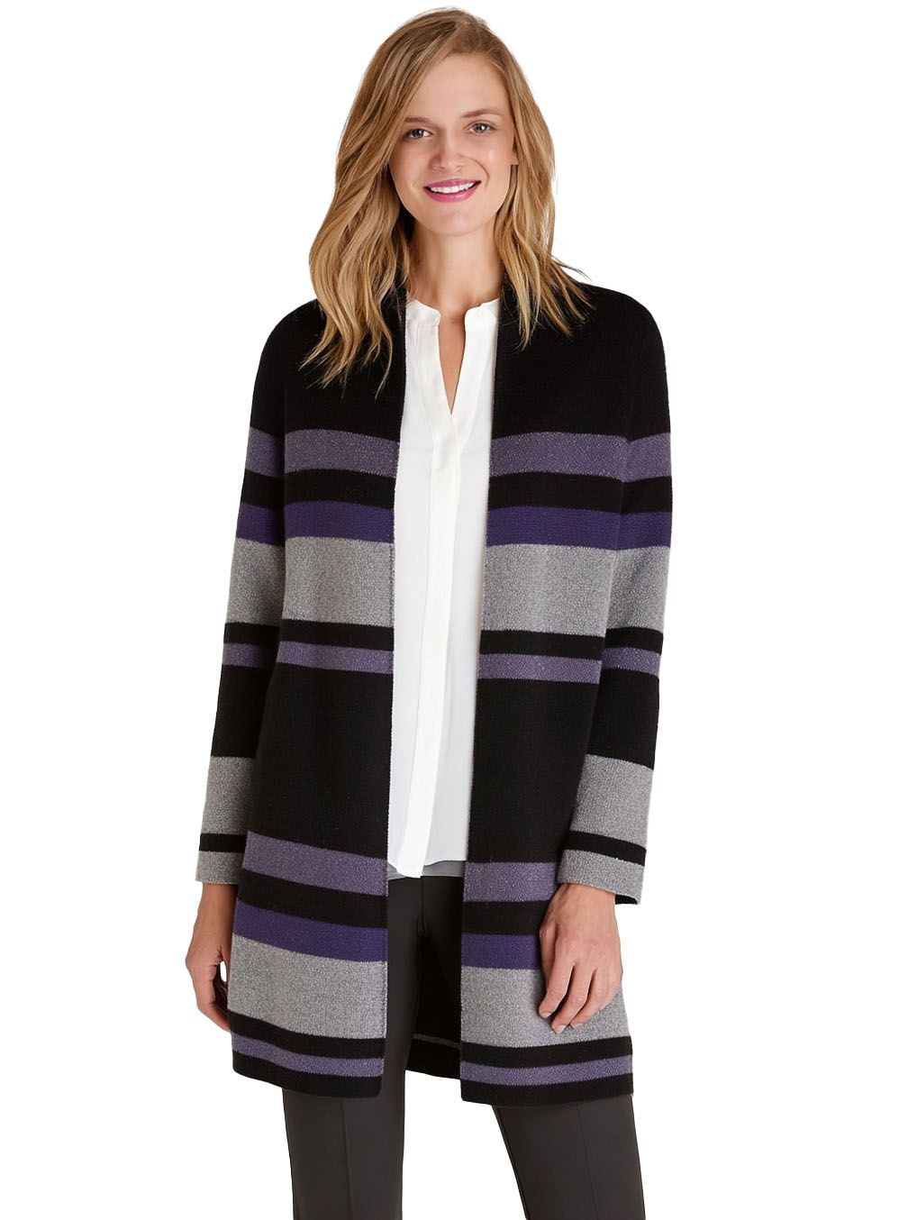 s110Purple Stripe Open Cardigan Coat