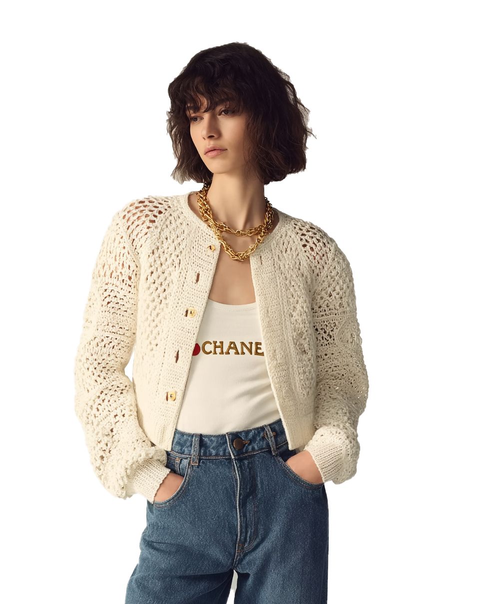 s101Off-White Crochet Knit Tweed-Style Cardigan