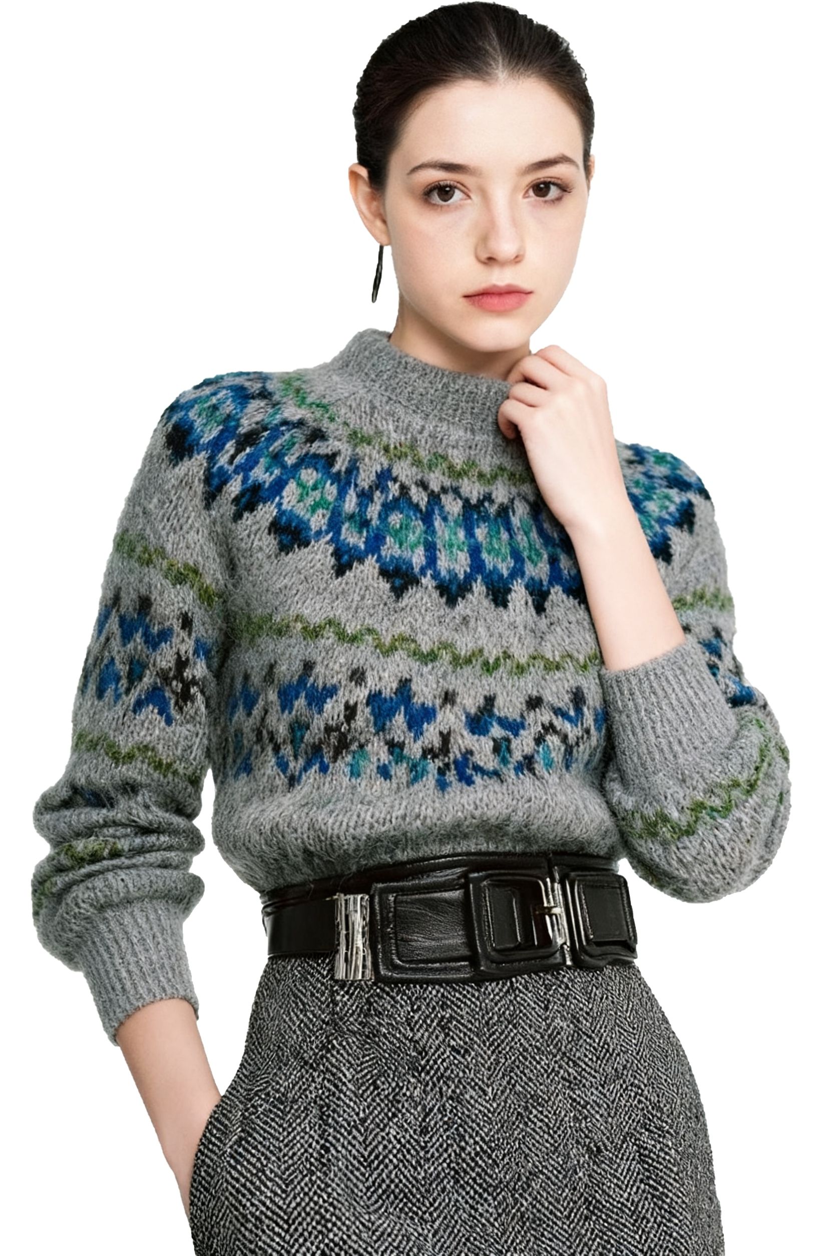 s057Misty Gray Floral Jacquard Mohair Blend Mock Neck Sweater