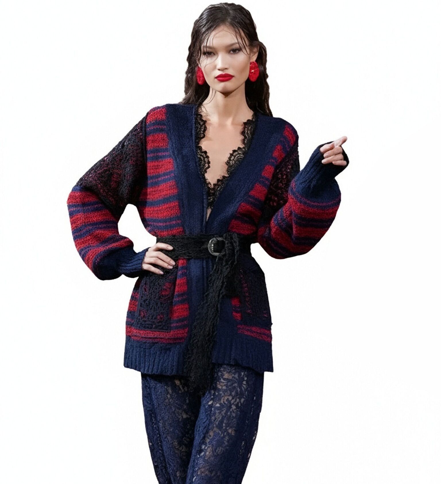 s059Navy Blue & Crimson Contrast Stripe Lace Panel Knit Co-ord Set