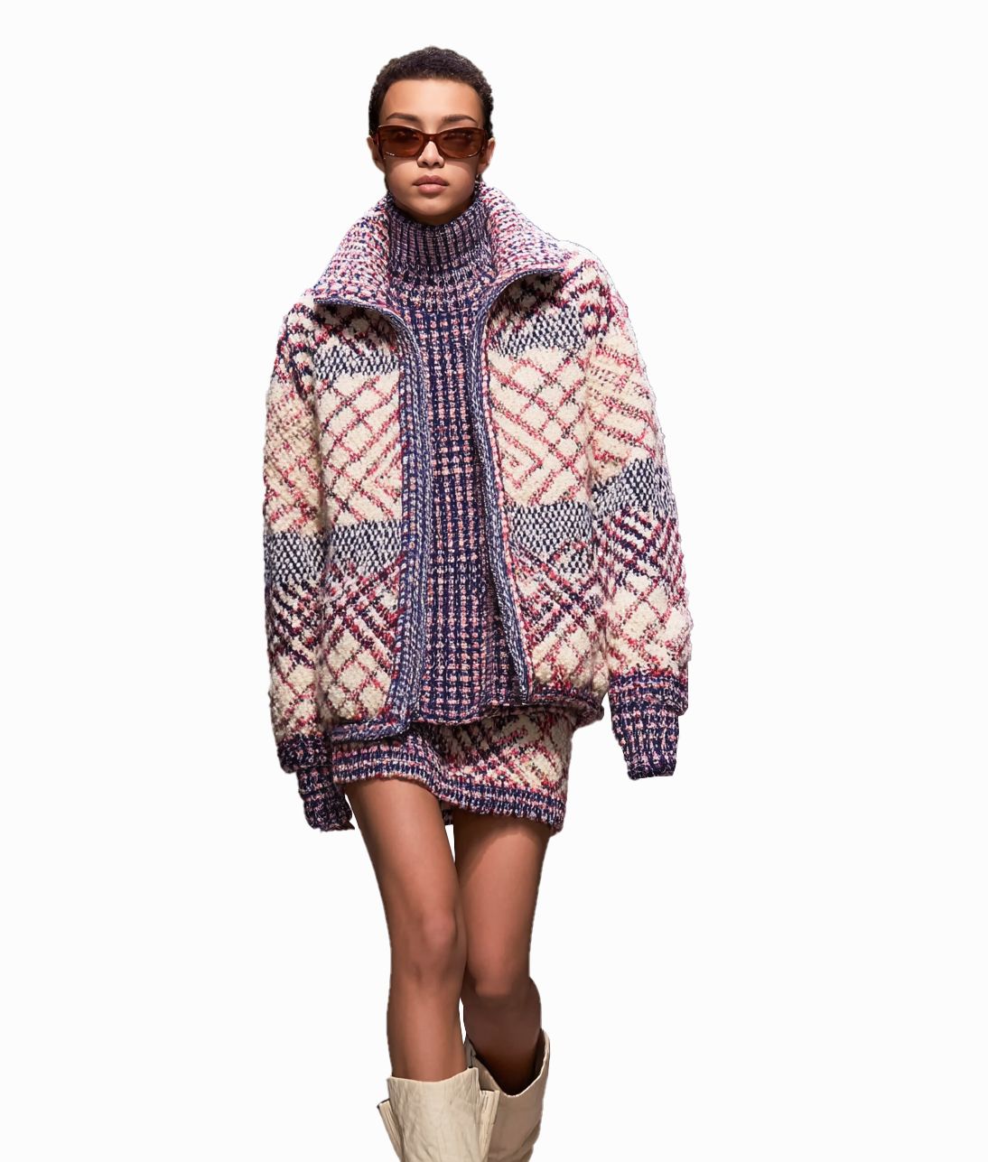 s062Pink & Blue Checkered Textured Knit 3-Piece Set