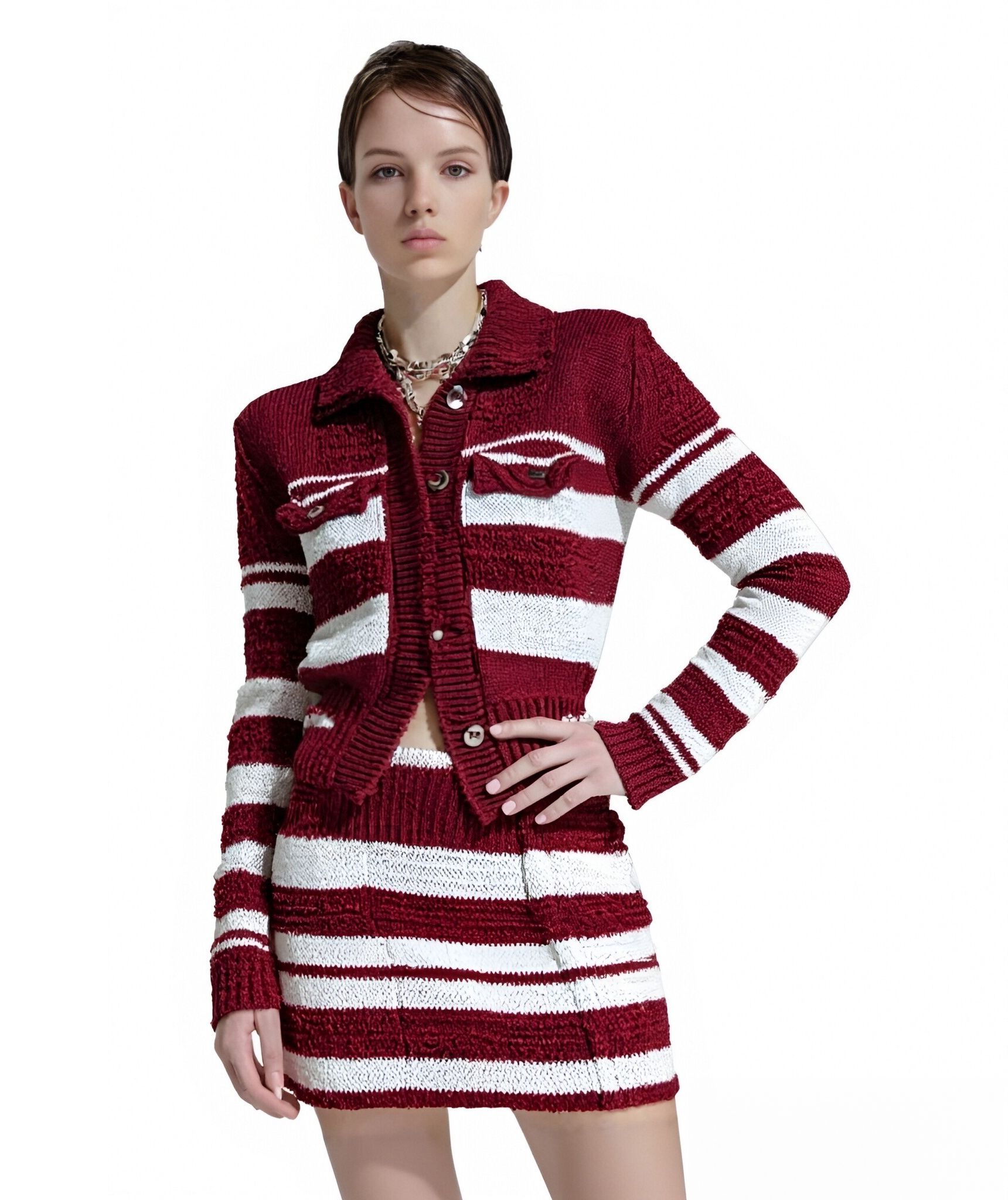 s065Burgundy & White Contrast Stripe Collared Knit Co-ord Set