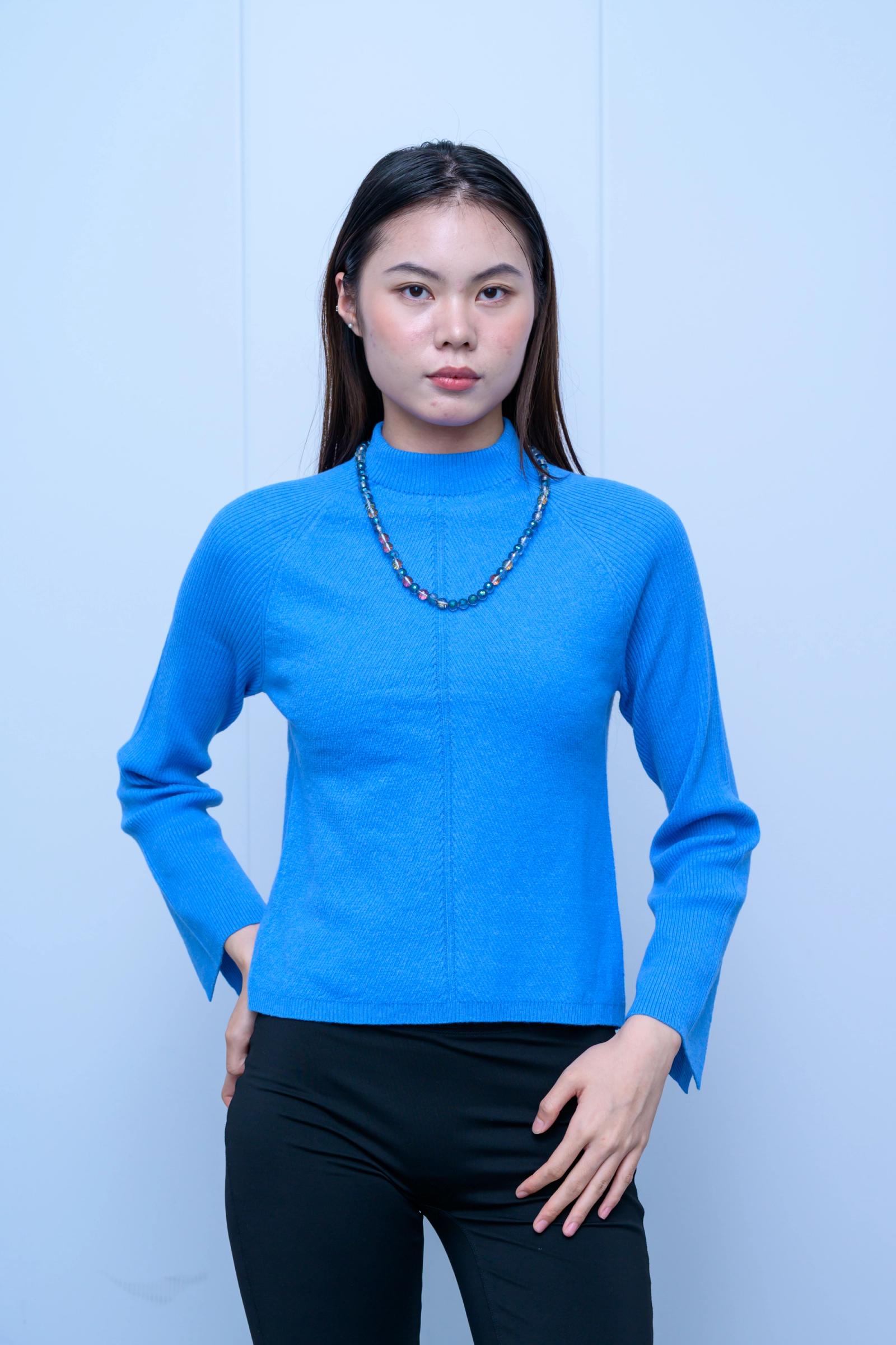 s045Klein Blue Vertical Rib Mock Neck Knit Top