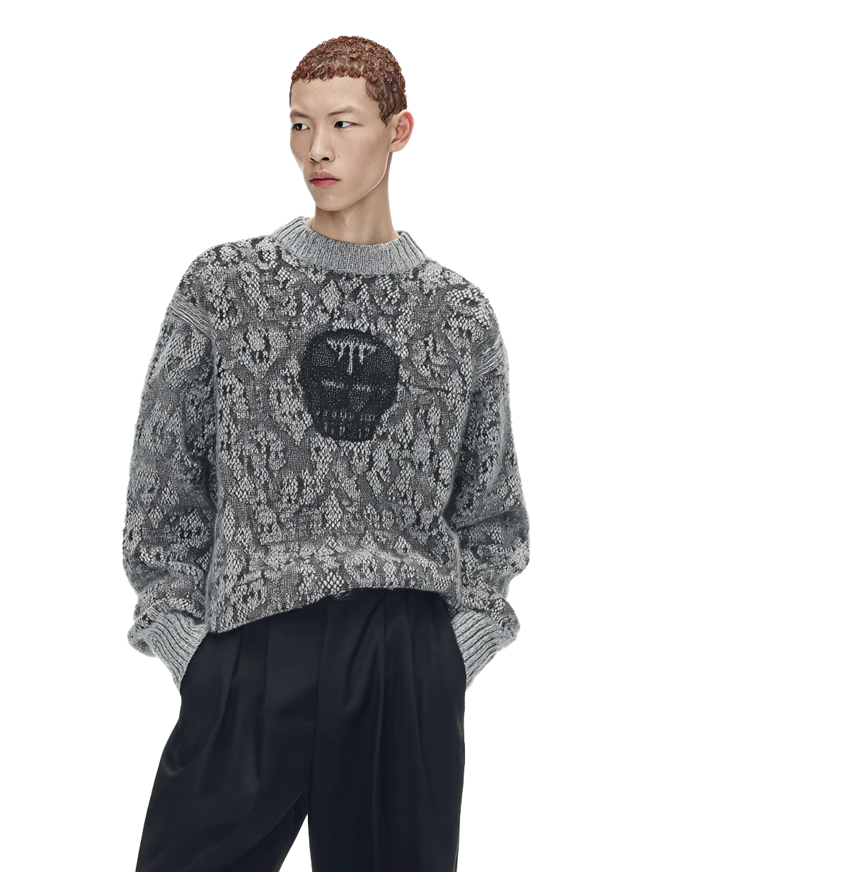 m013Python Pattern Dark Mask Jacquard Crewneck Sweater