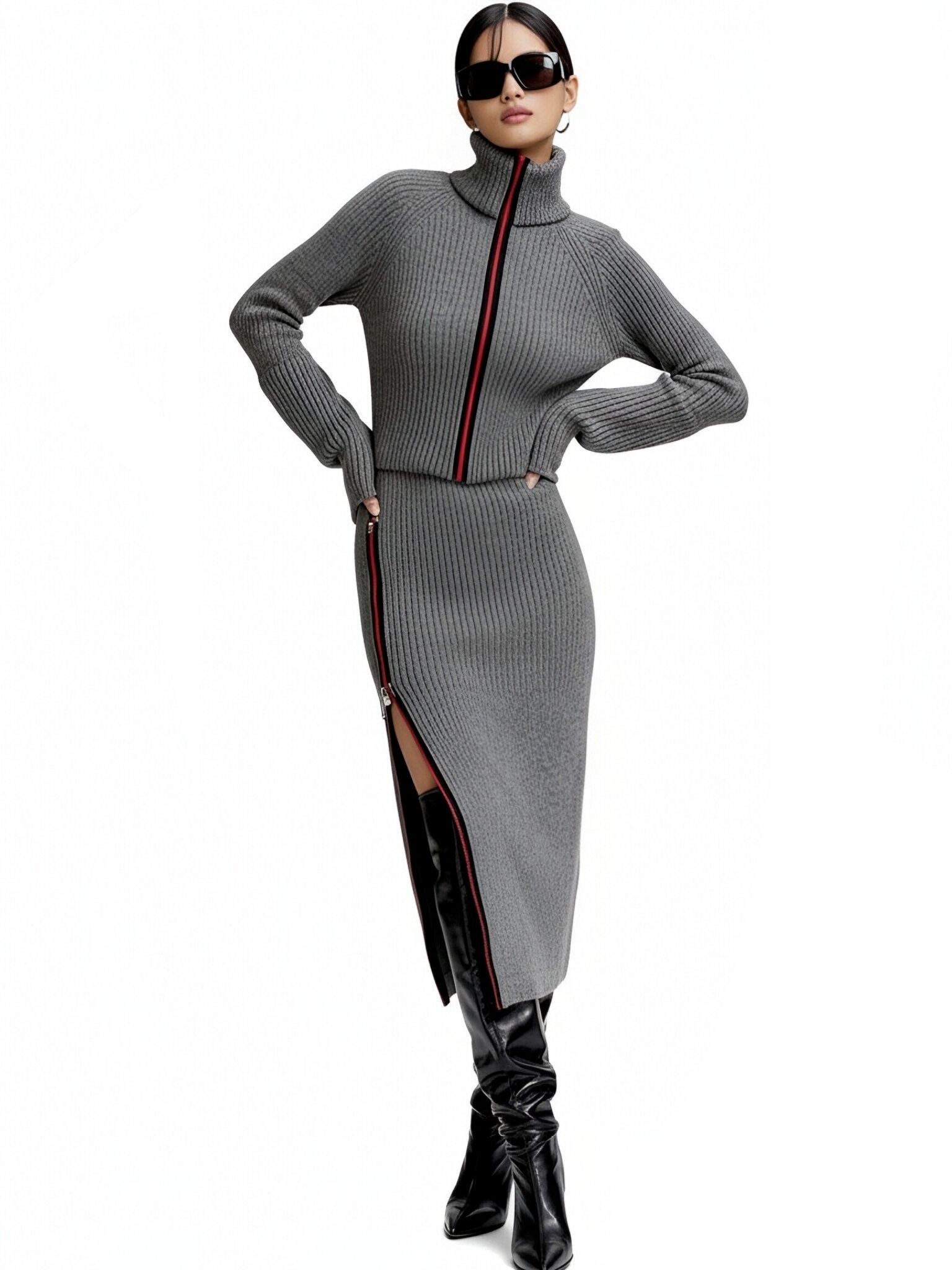 s079Grey Contrast Zip-Up Turtleneck Knit Set