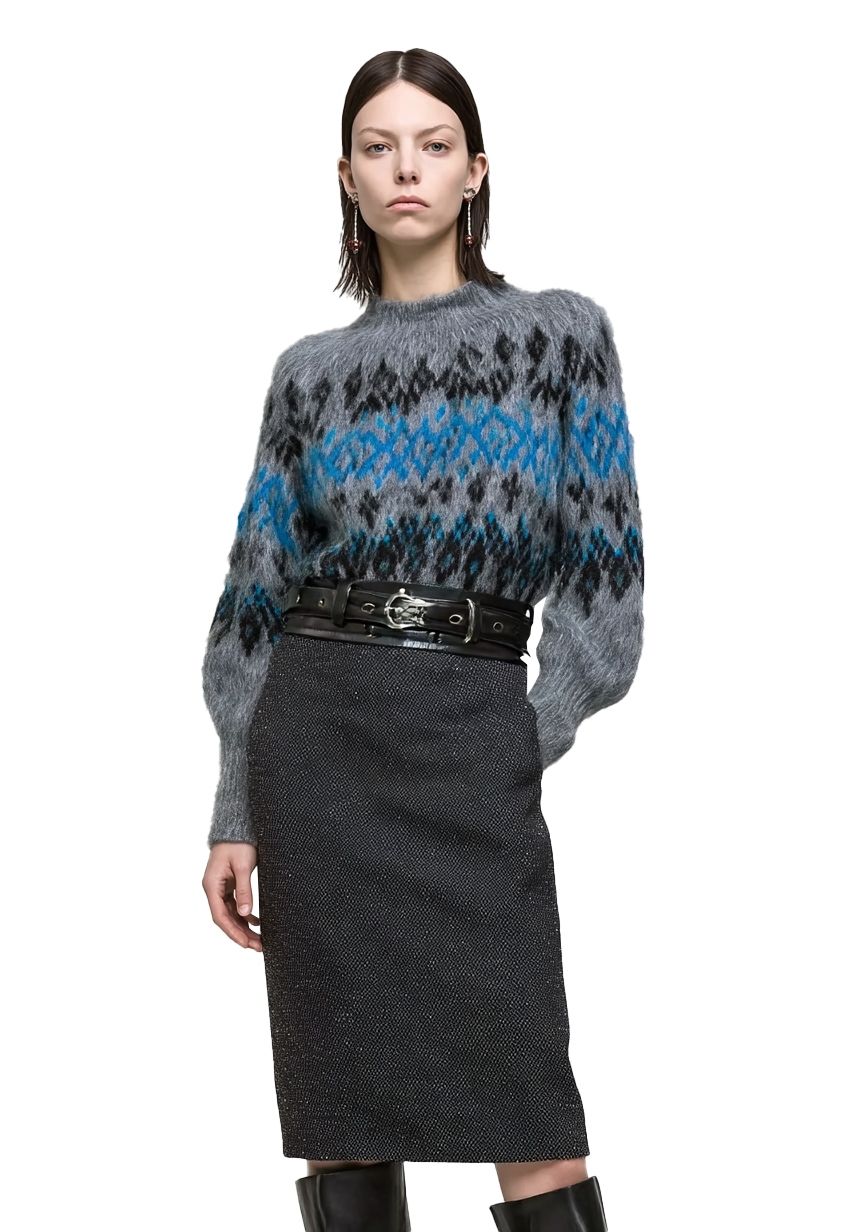 s056Misty Gray Icelandic Pattern Mohair Blend Crew Neck Sweater