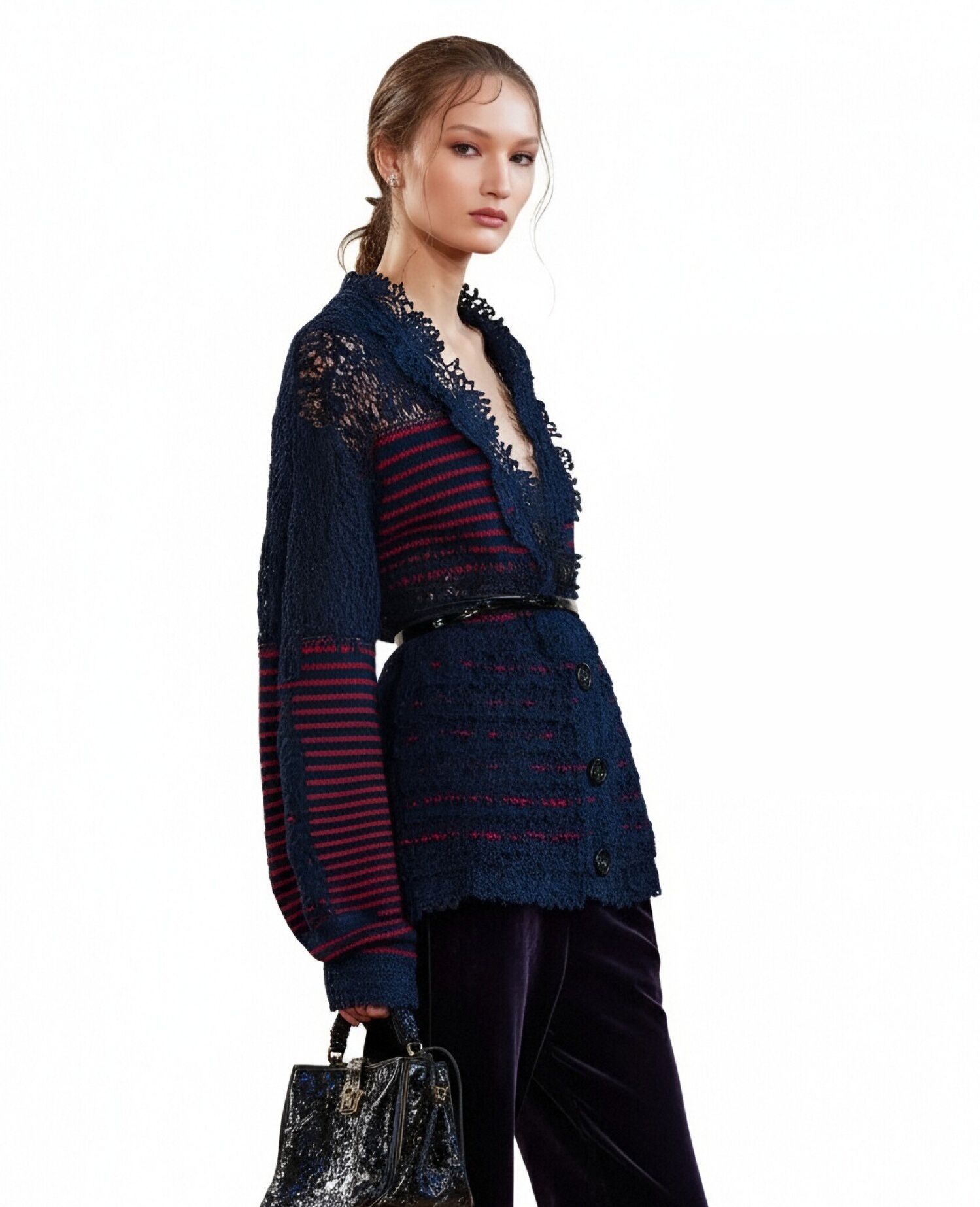 s058Navy Blue & Red Stripe Textured Lace V-Neck Knit Cardigan