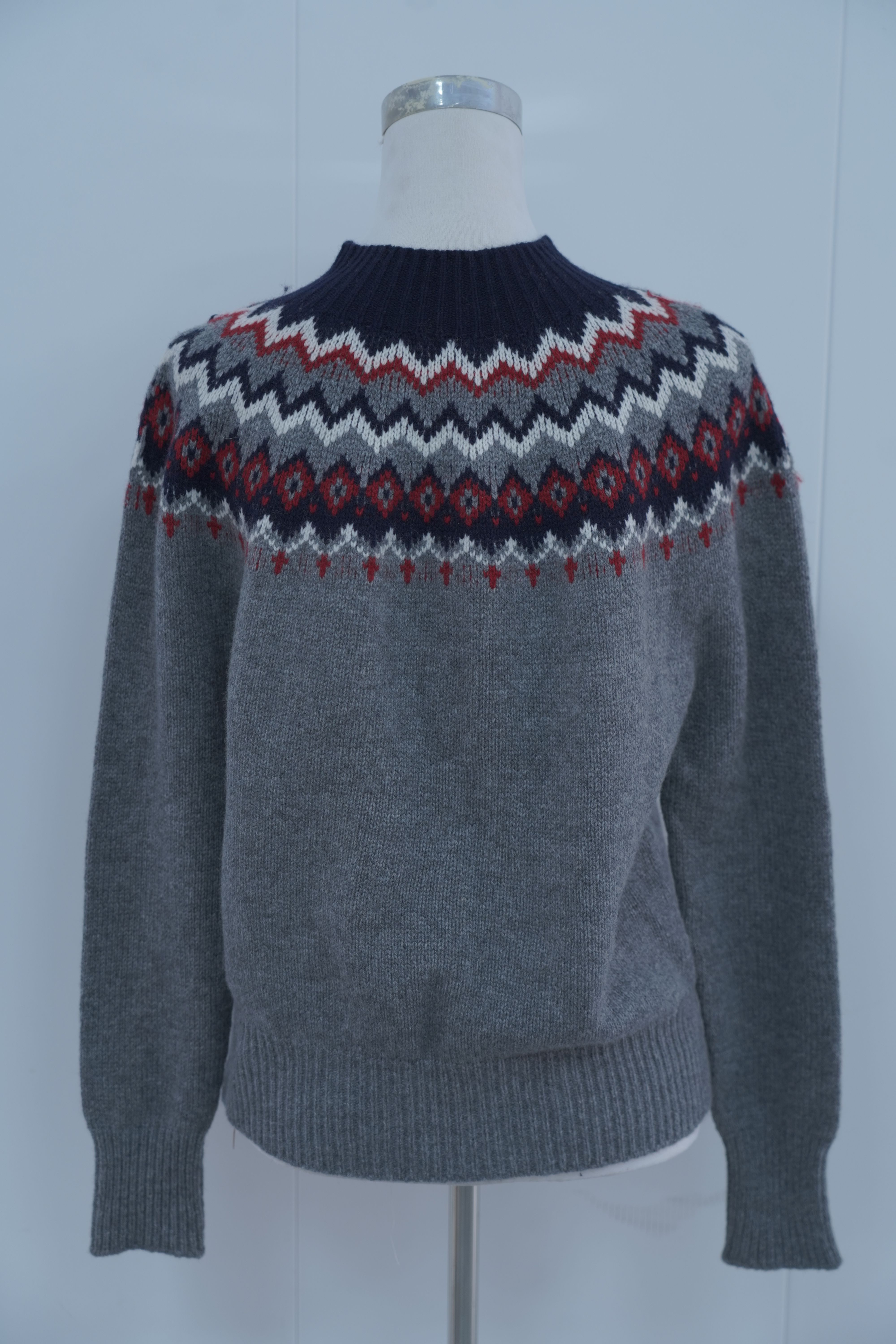 s019Grey Fair Isle Jacquard Mock Neck Knit Sweater