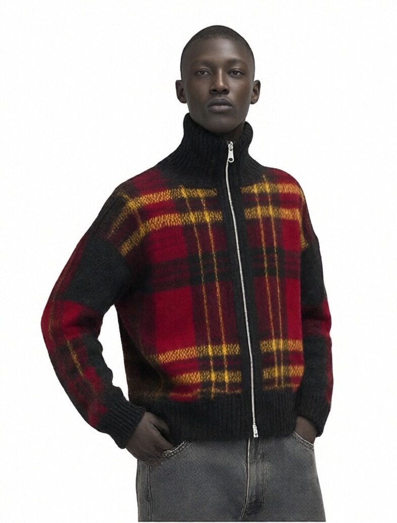 m010Flame Plaid Half-Zip Turtleneck Knit Cardigan