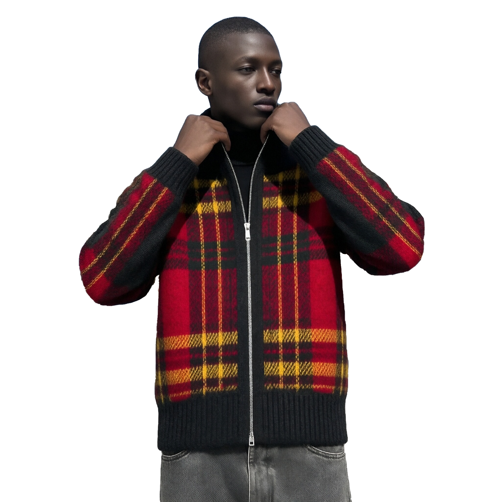 m010Flame Plaid Half-Zip Turtleneck Knit Cardigan