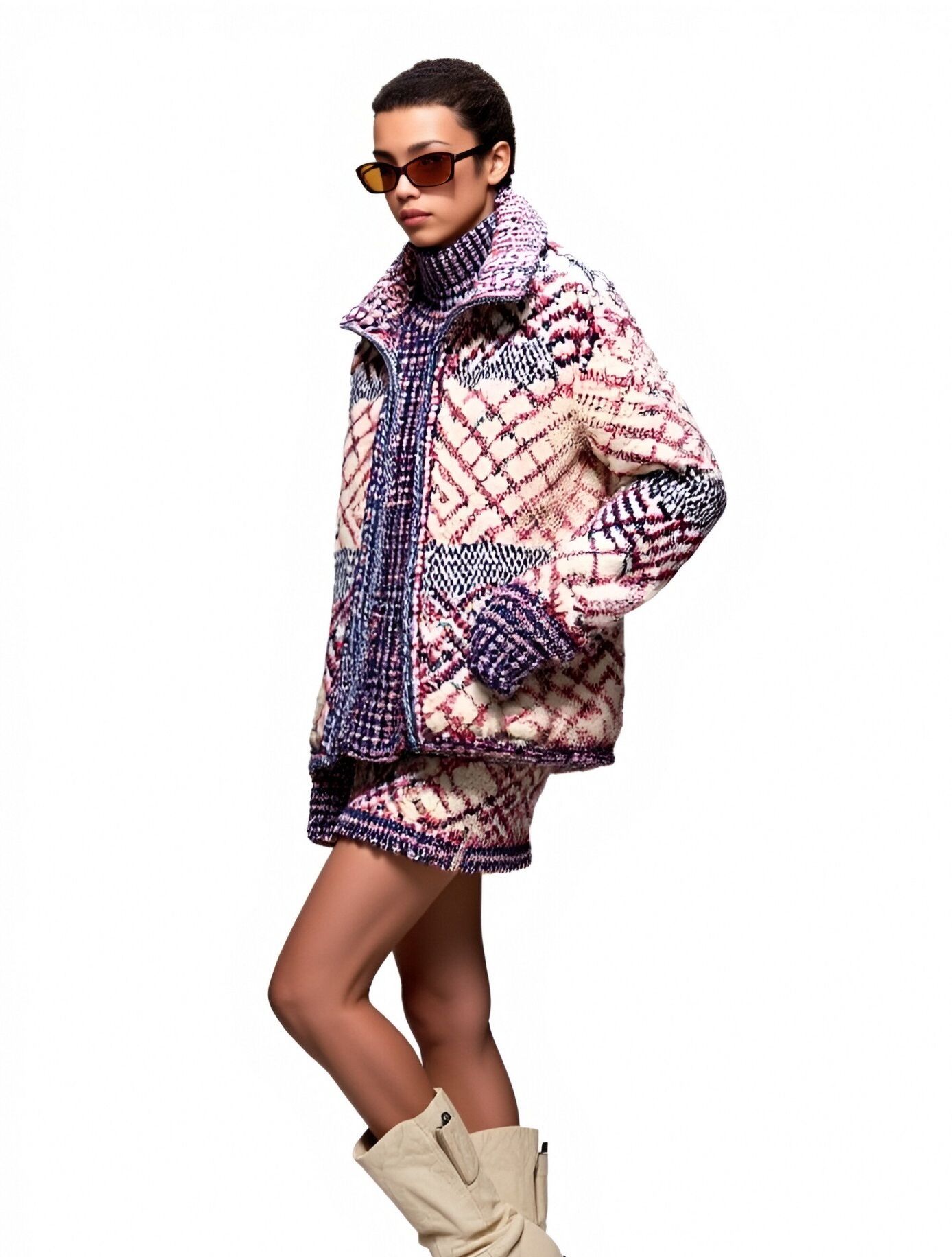 s062Pink & Blue Checkered Textured Knit 3-Piece Set