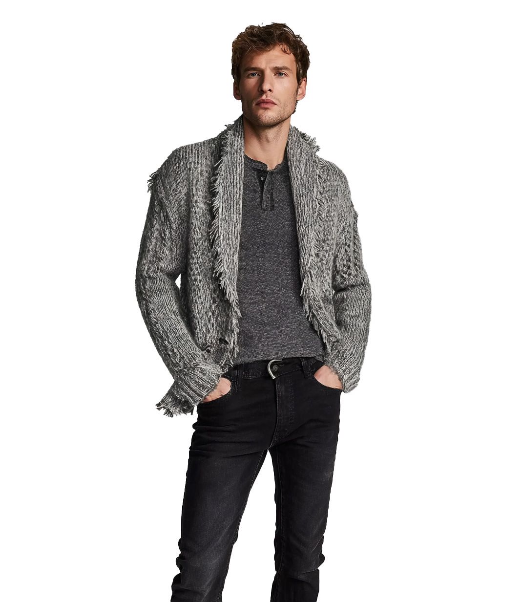 m012Heathered Stone Fringed Shawl Collar Cardigan