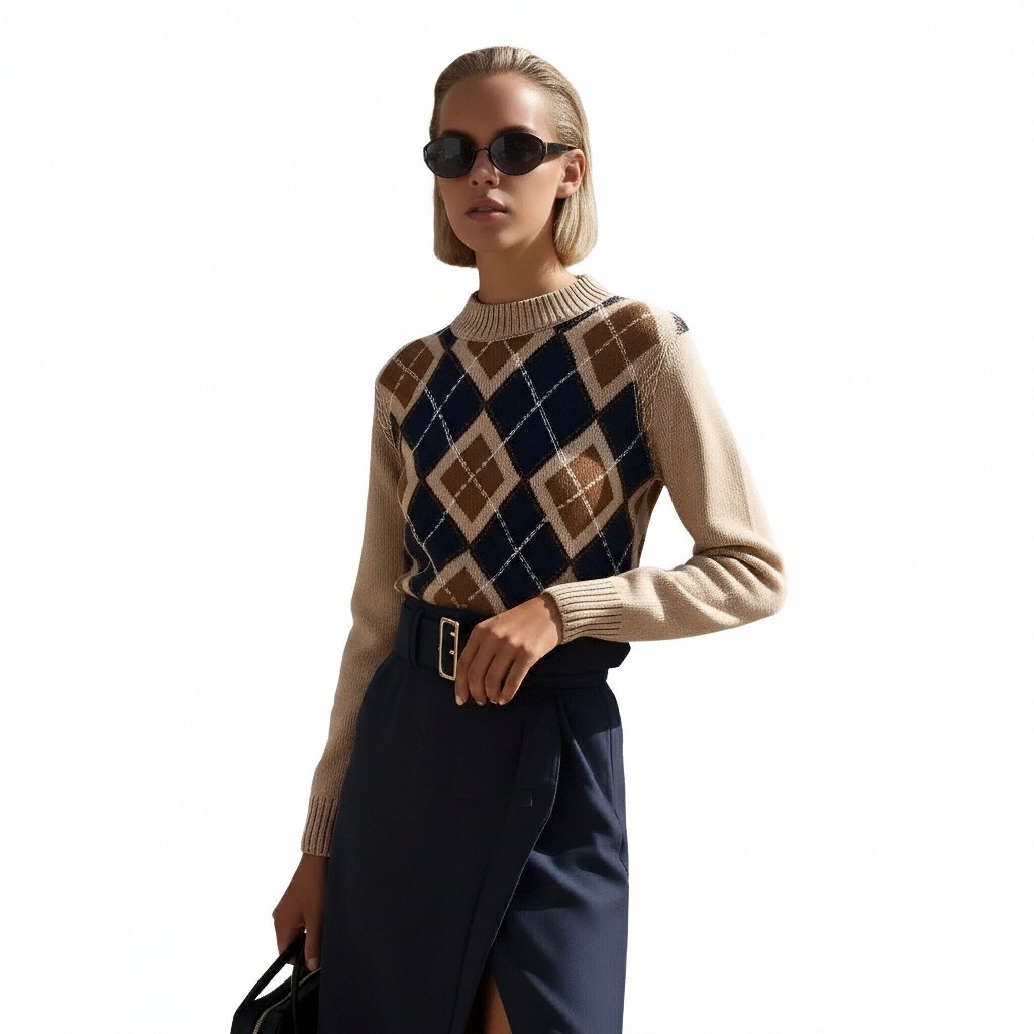 s094Camel & Navy Argyle Mock Neck Knit Sweater