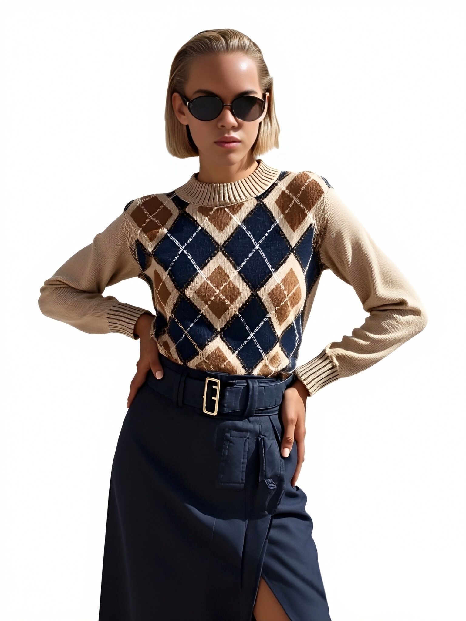 s094Camel & Navy Argyle Mock Neck Knit Sweater