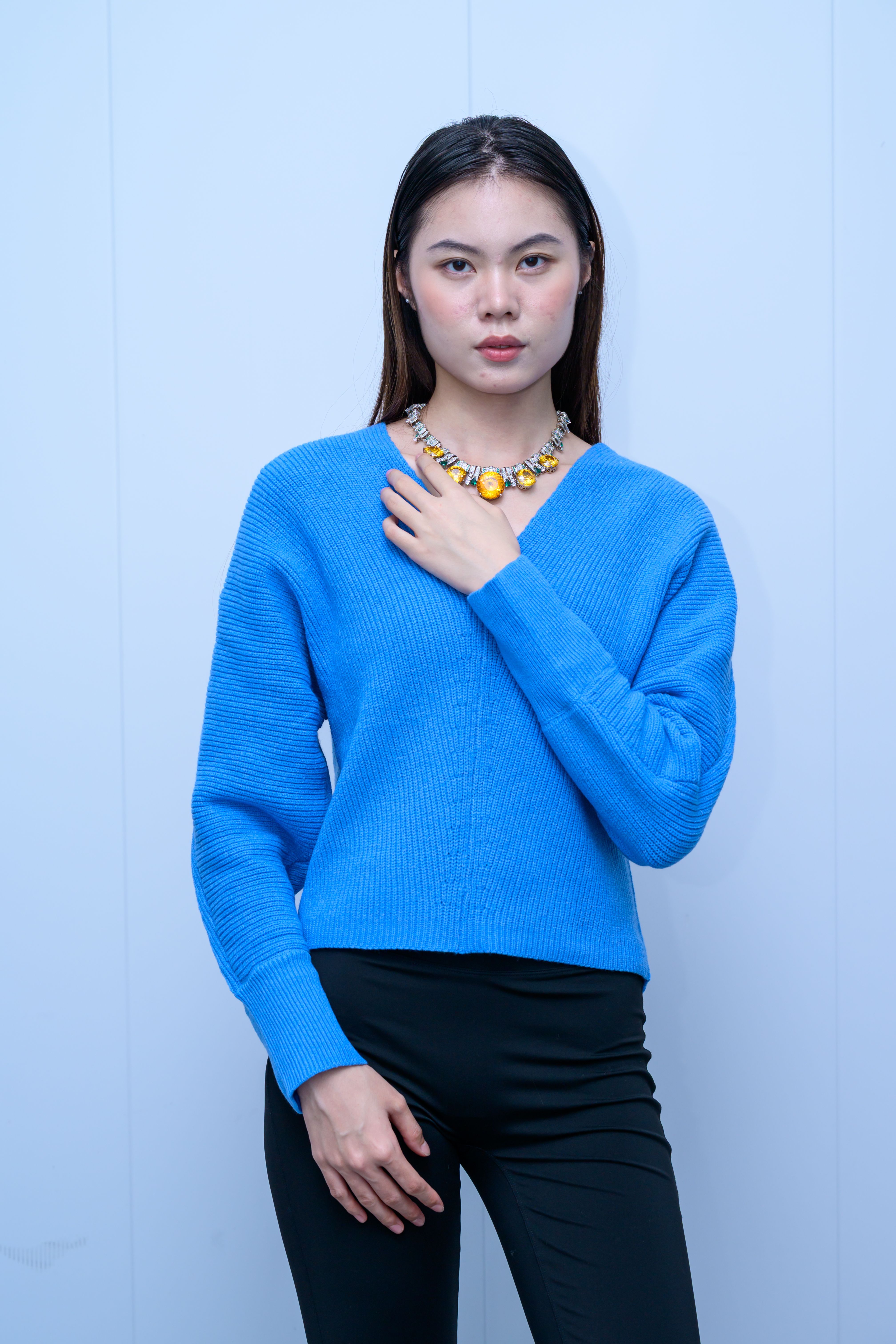 s053Klein Blue V-Neck Vertical Rib Knit Sweater
