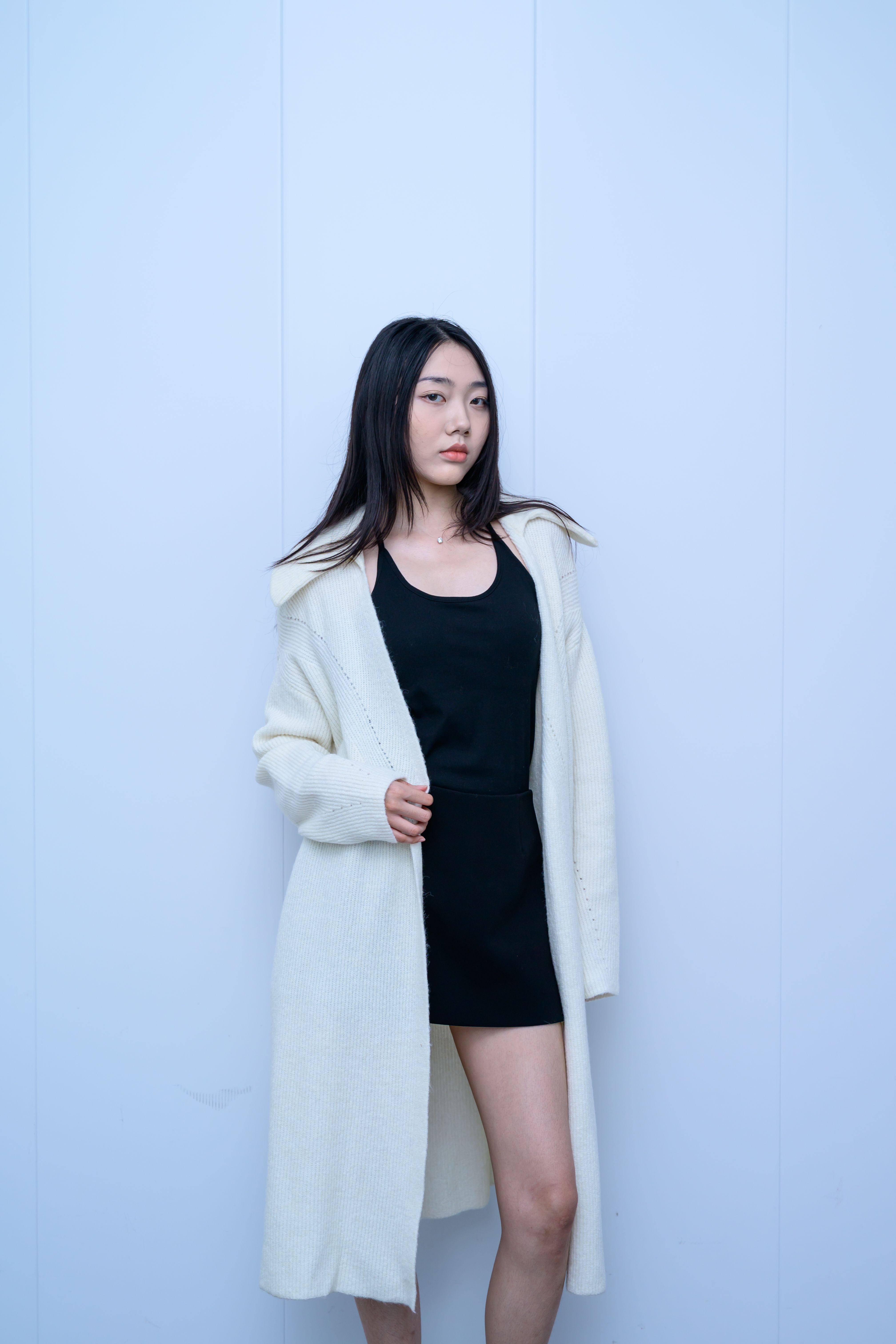 s036Cream White Textured Lapel Longline Knit Cardigan