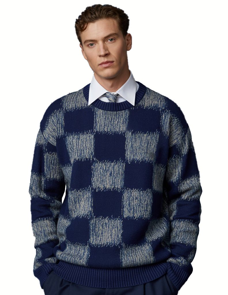 m001Sea Mist Checkerboard Knit Sweater