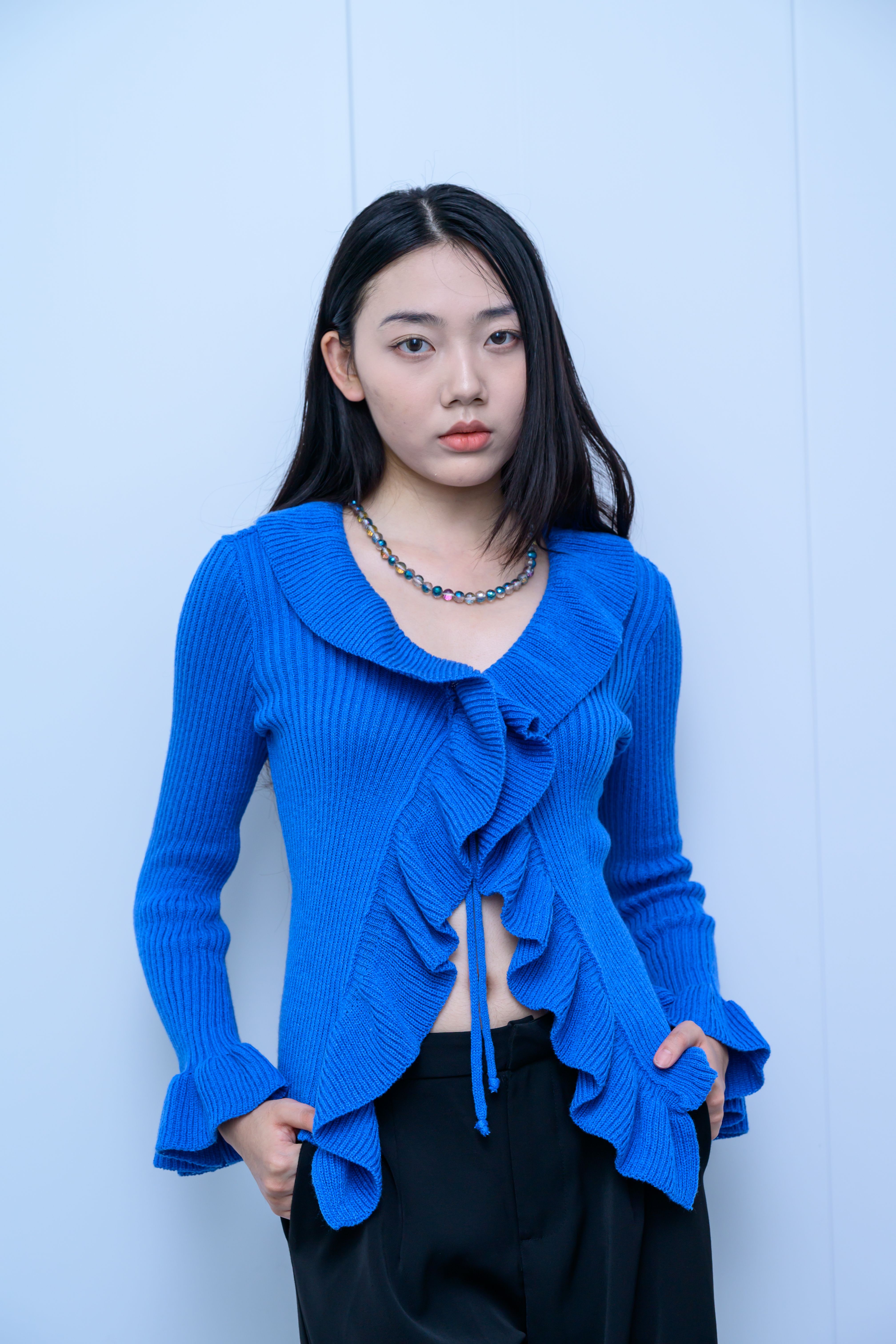 s039Klein Blue Ruffled Drawstring Knit Cardigan