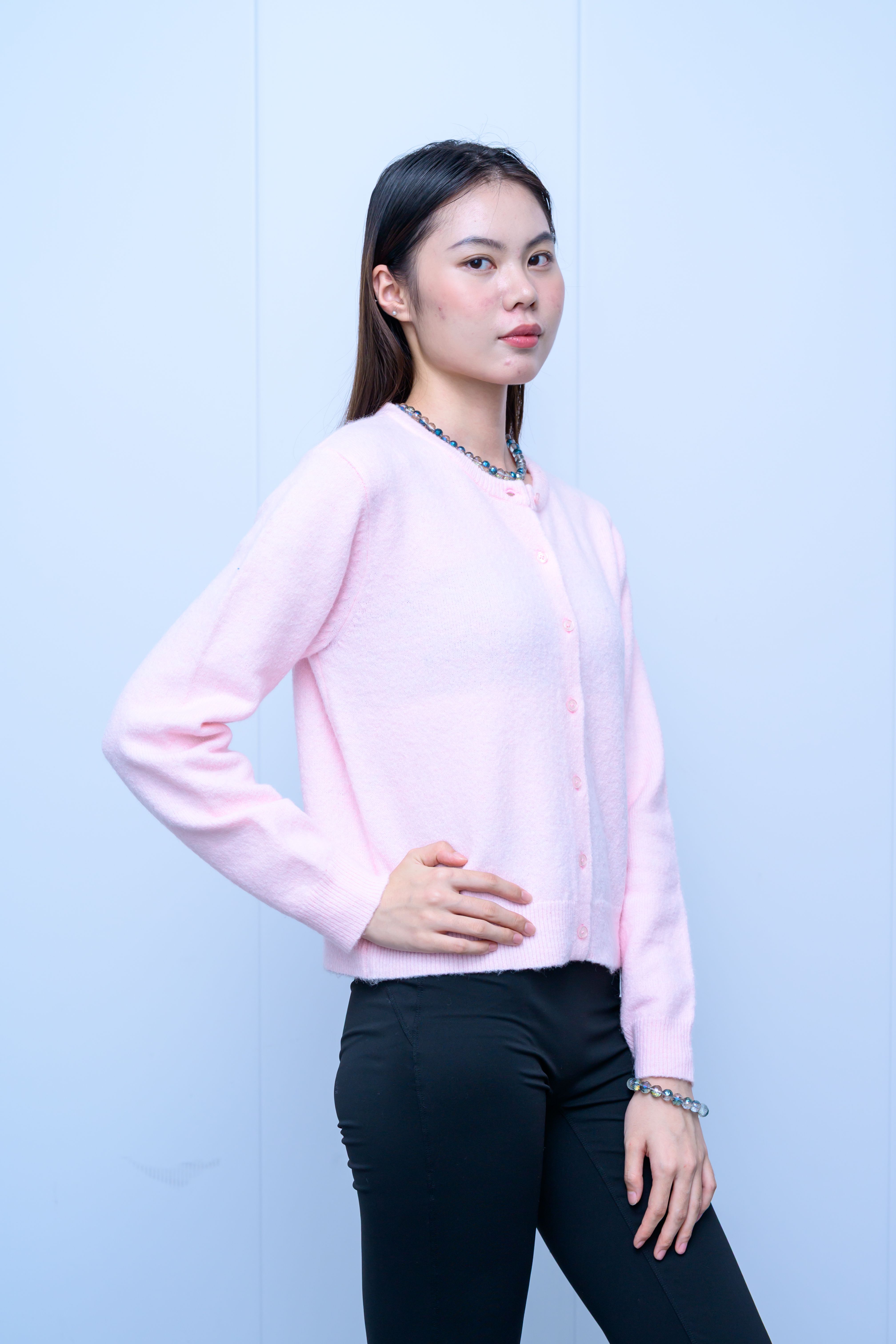 s046Soft Pink Crew Neck Cozy Knit Cardigan