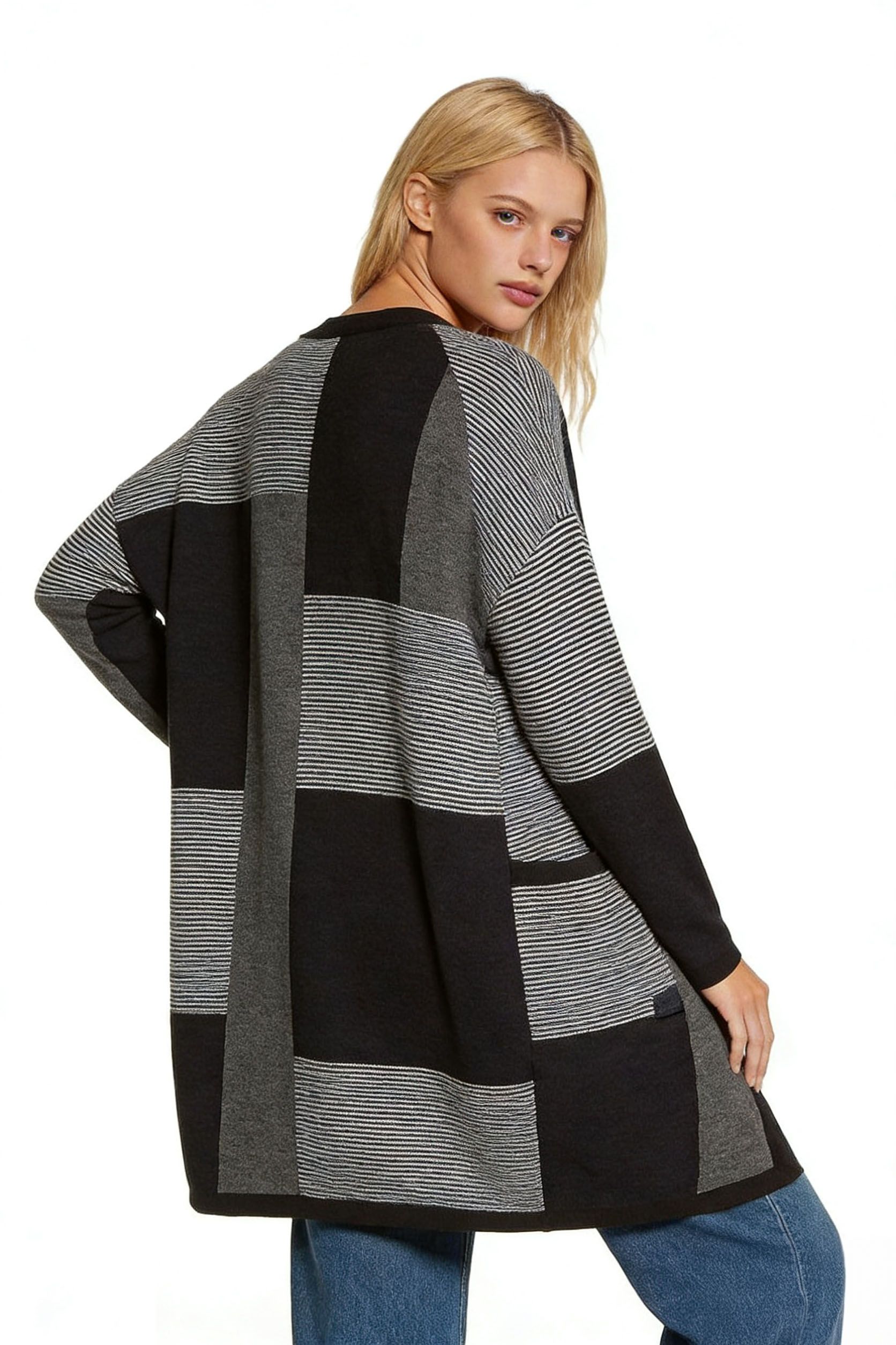 s115Black & Grey Stripe Patchwork Cardigan
