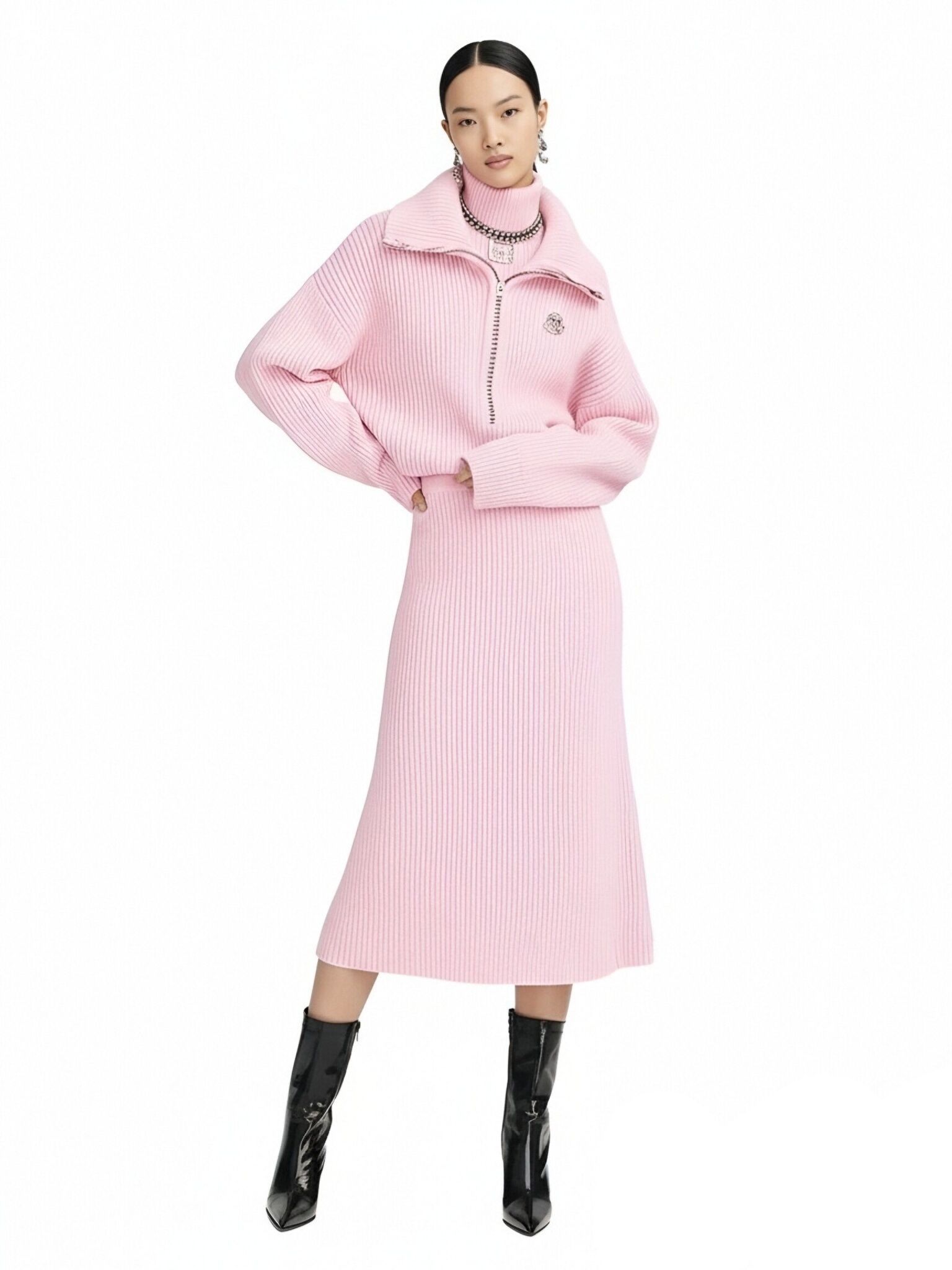 s076Sakura Pink Ribbed Half-Zip Knit Set